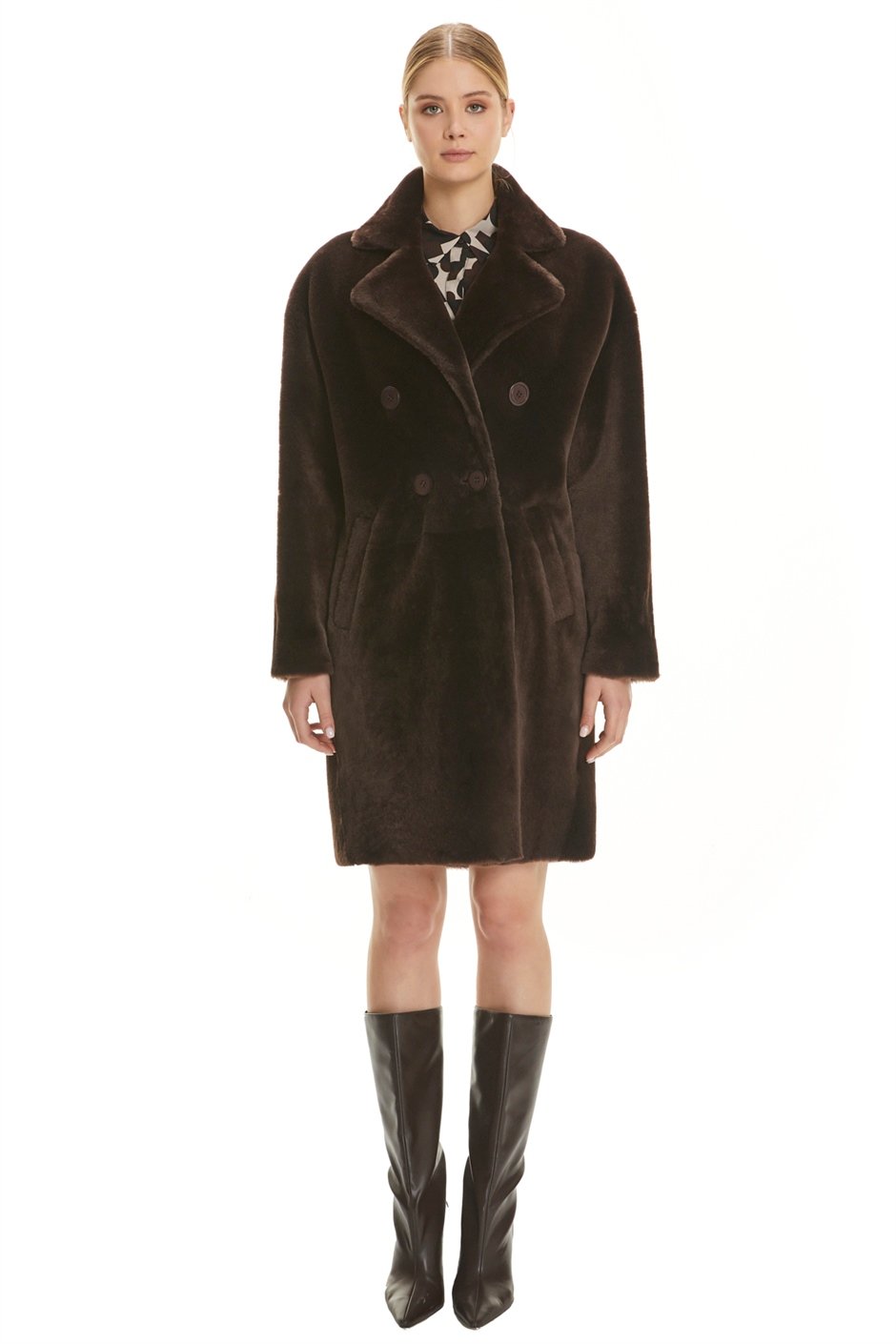 Shaky Women's Shearling Short Coat with Leather trimming