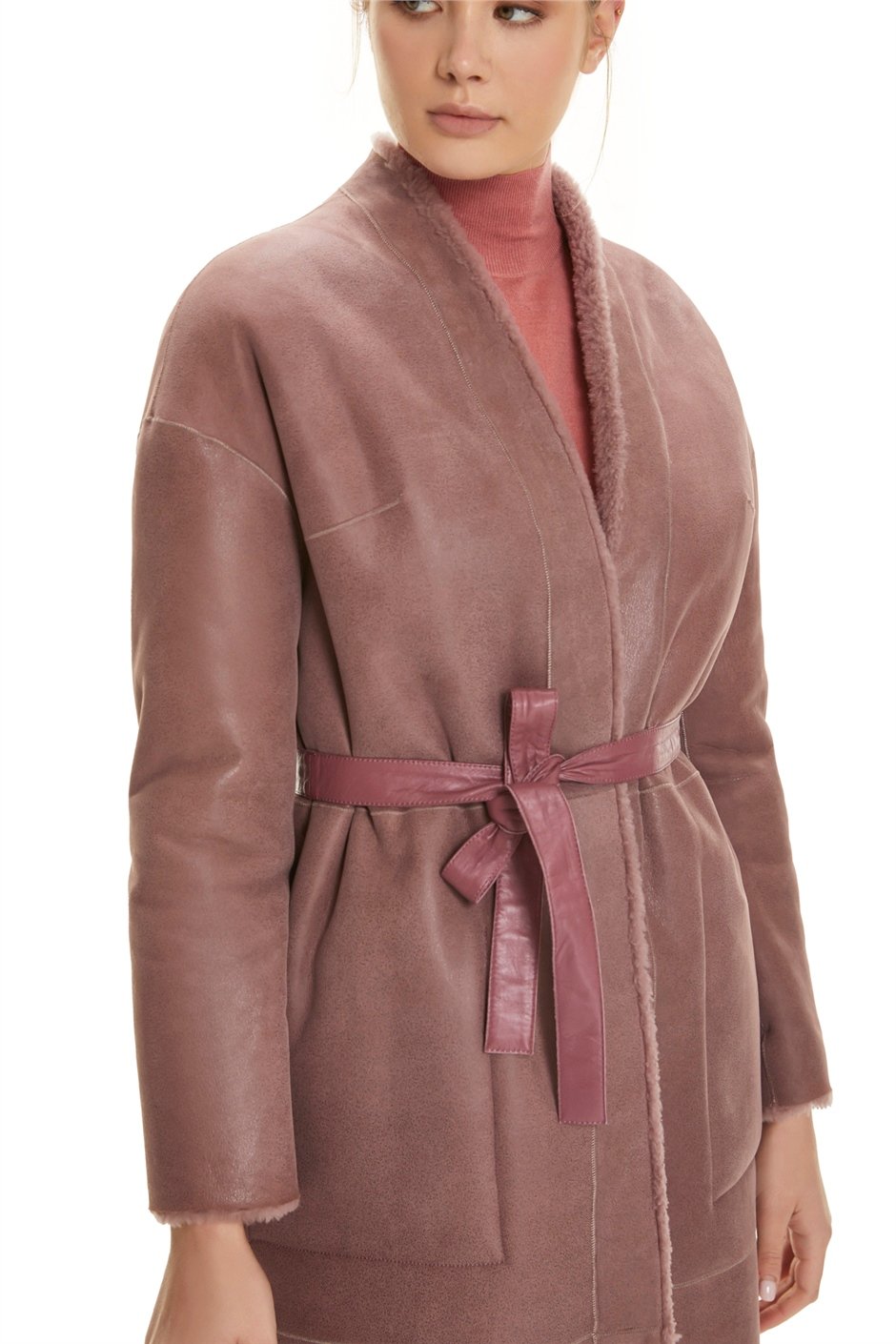 Shaky Women's Shearling Short Coat with Leather trimming