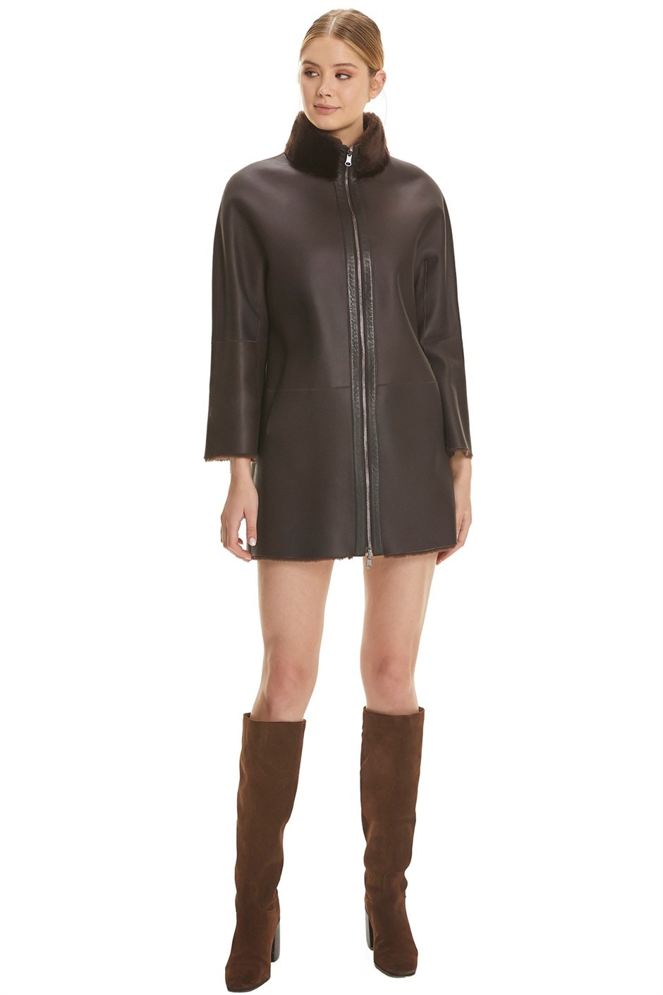 Shaky Women's Shearling Short Coat with Leather trimming