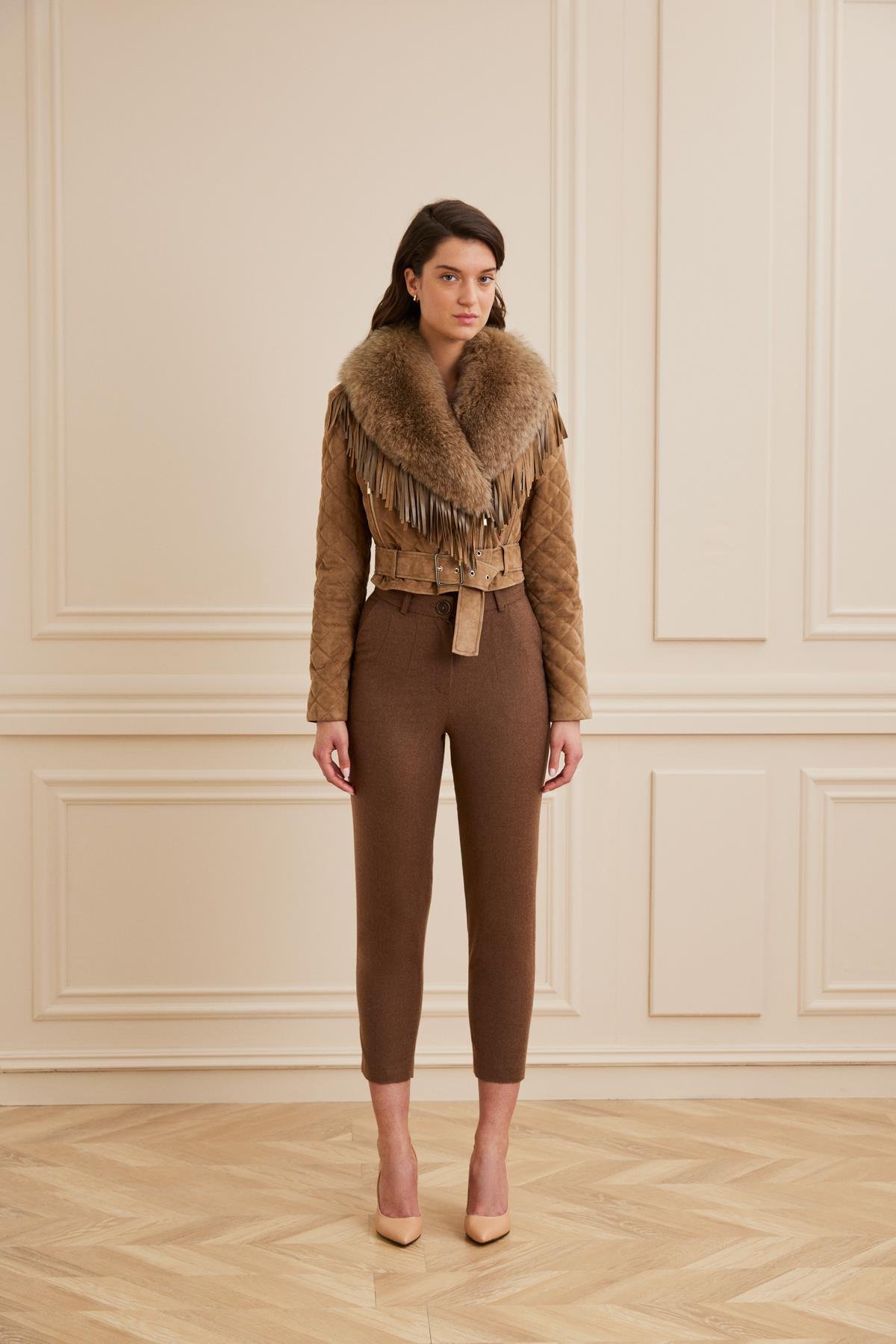 Shaky Women's Suede Leather Jacket With Fox Trimming Camel