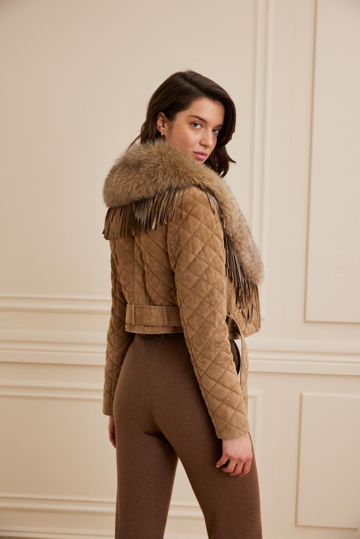 Shaky Women's Suede Leather Jacket With Fox Trimming Camel