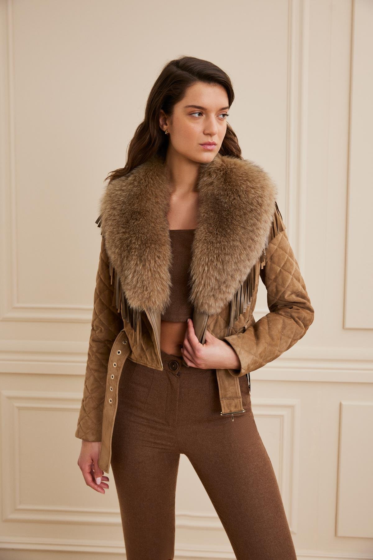 Shaky Women's Suede Leather Jacket With Fox Trimming Camel