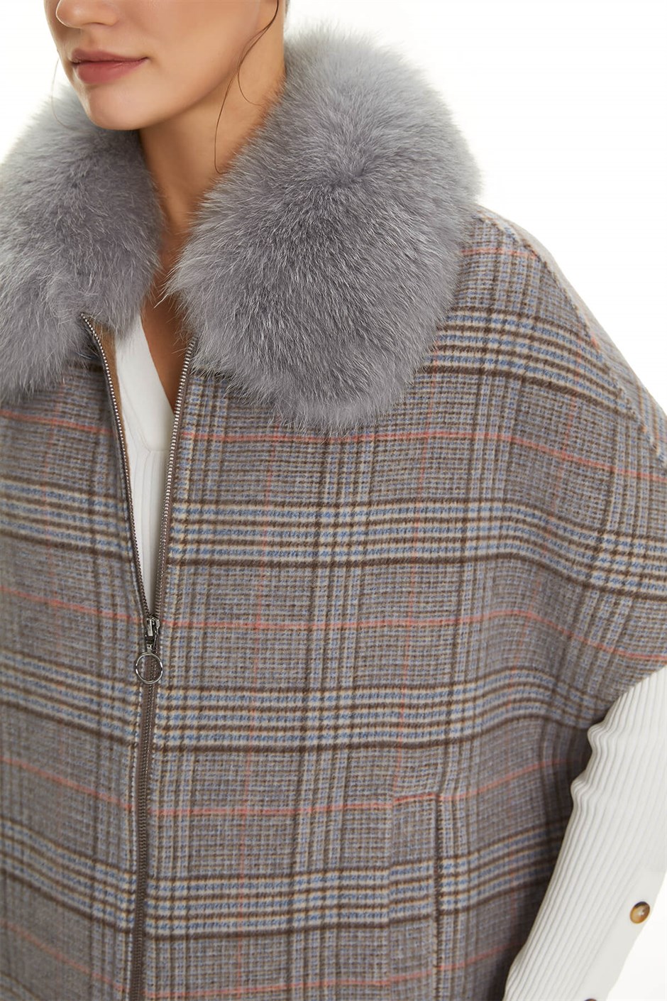 Shaky Women's Textile Cape with Fox trimming Ekose/Camel