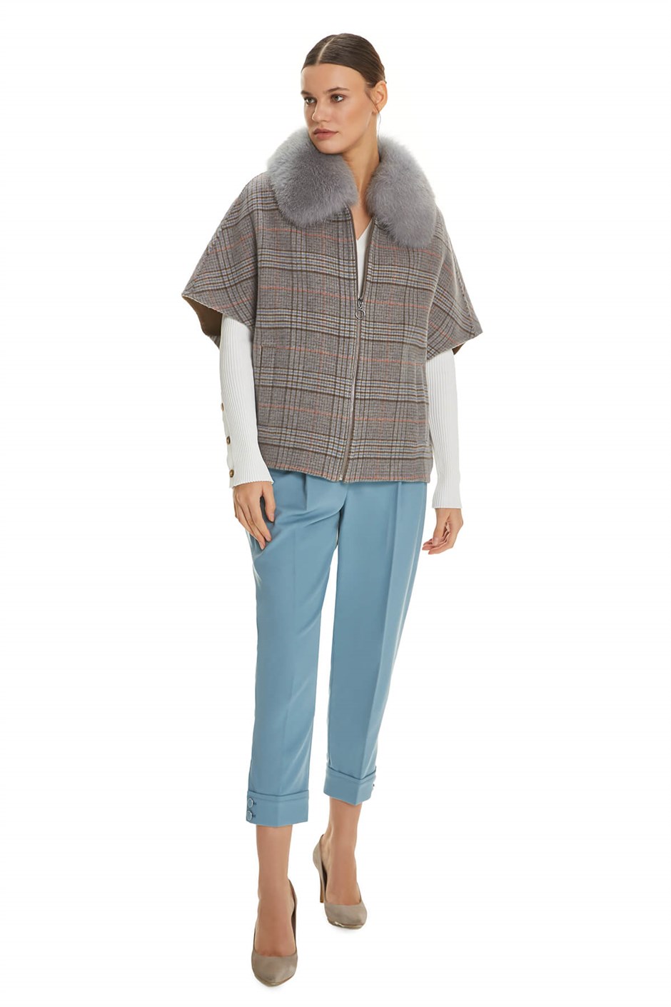 Shaky Women's Textile Cape with Fox trimming Ekose/Camel