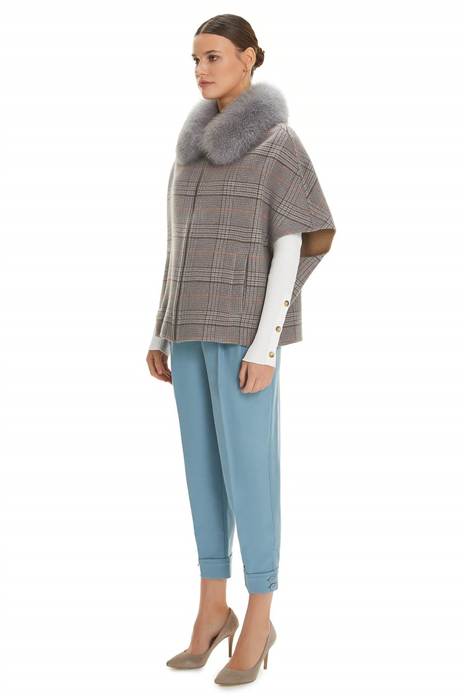 Shaky Women's Textile Cape with Fox trimming Ekose/Camel