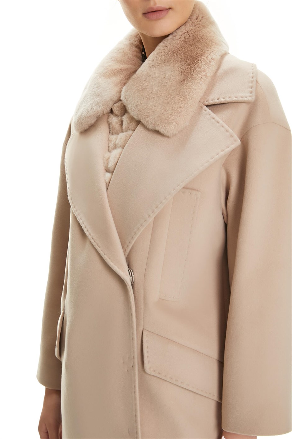 Shaky Women's Textile Short Coat with Rex trimming Beige
