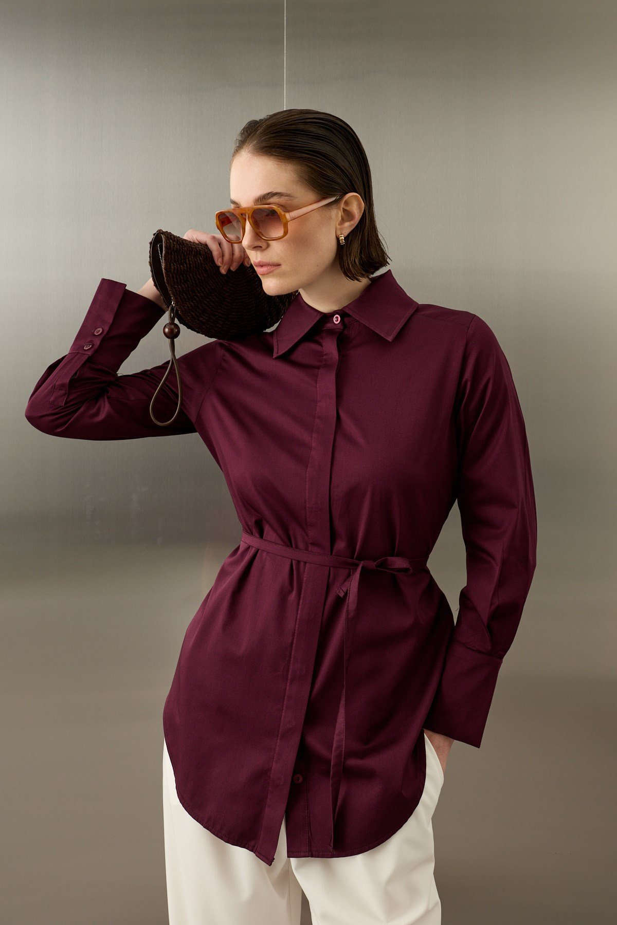 Basic Pamuklu Düğmeli Bağlamalı Gömlek MÜRDÜM