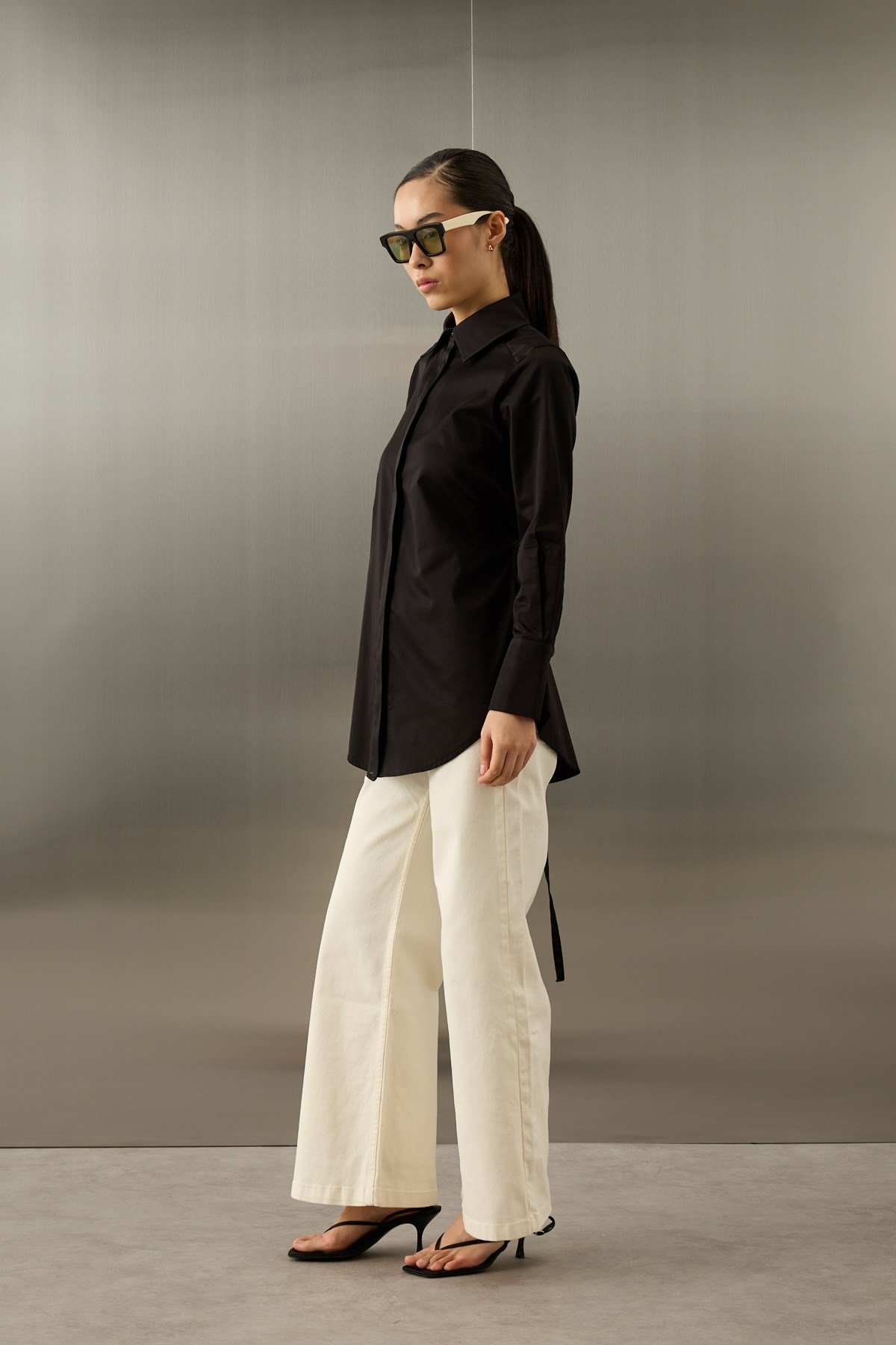 Basic Pamuklu Düğmeli Bağlamalı Gömlek SİYAH