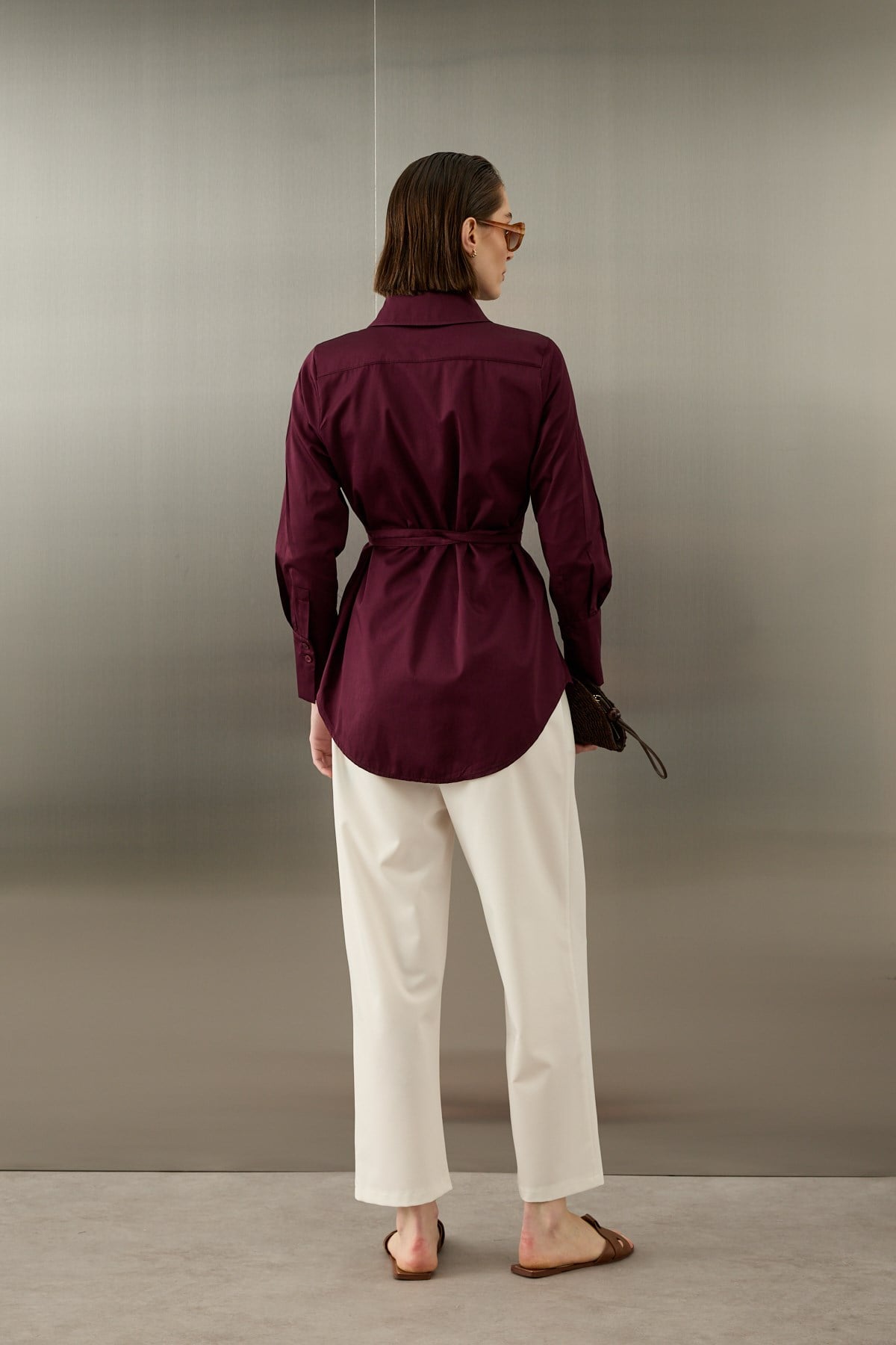 Basic Pamuklu Düğmeli Bağlamalı Gömlek MÜRDÜM