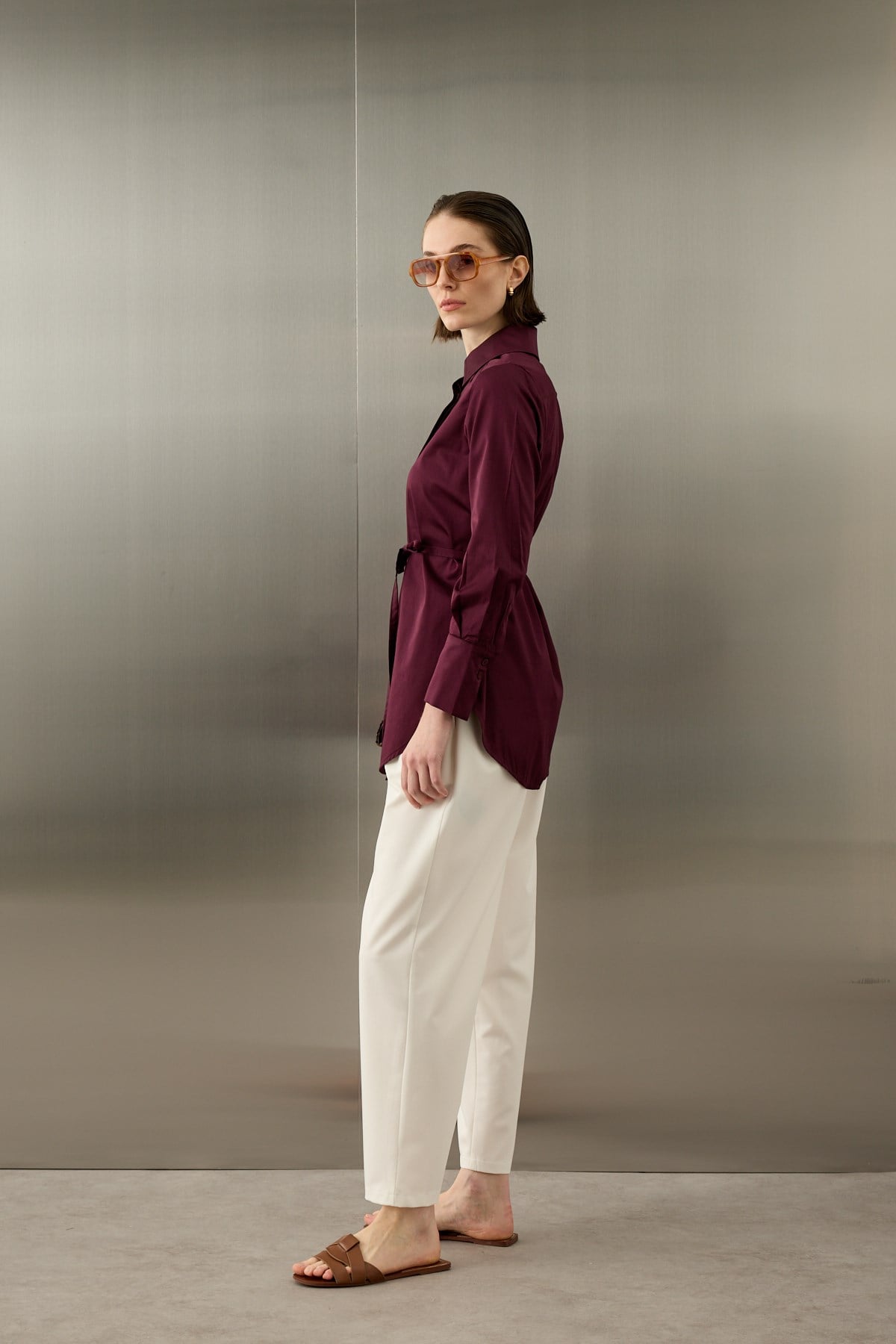 Basic Pamuklu Düğmeli Bağlamalı Gömlek MÜRDÜM