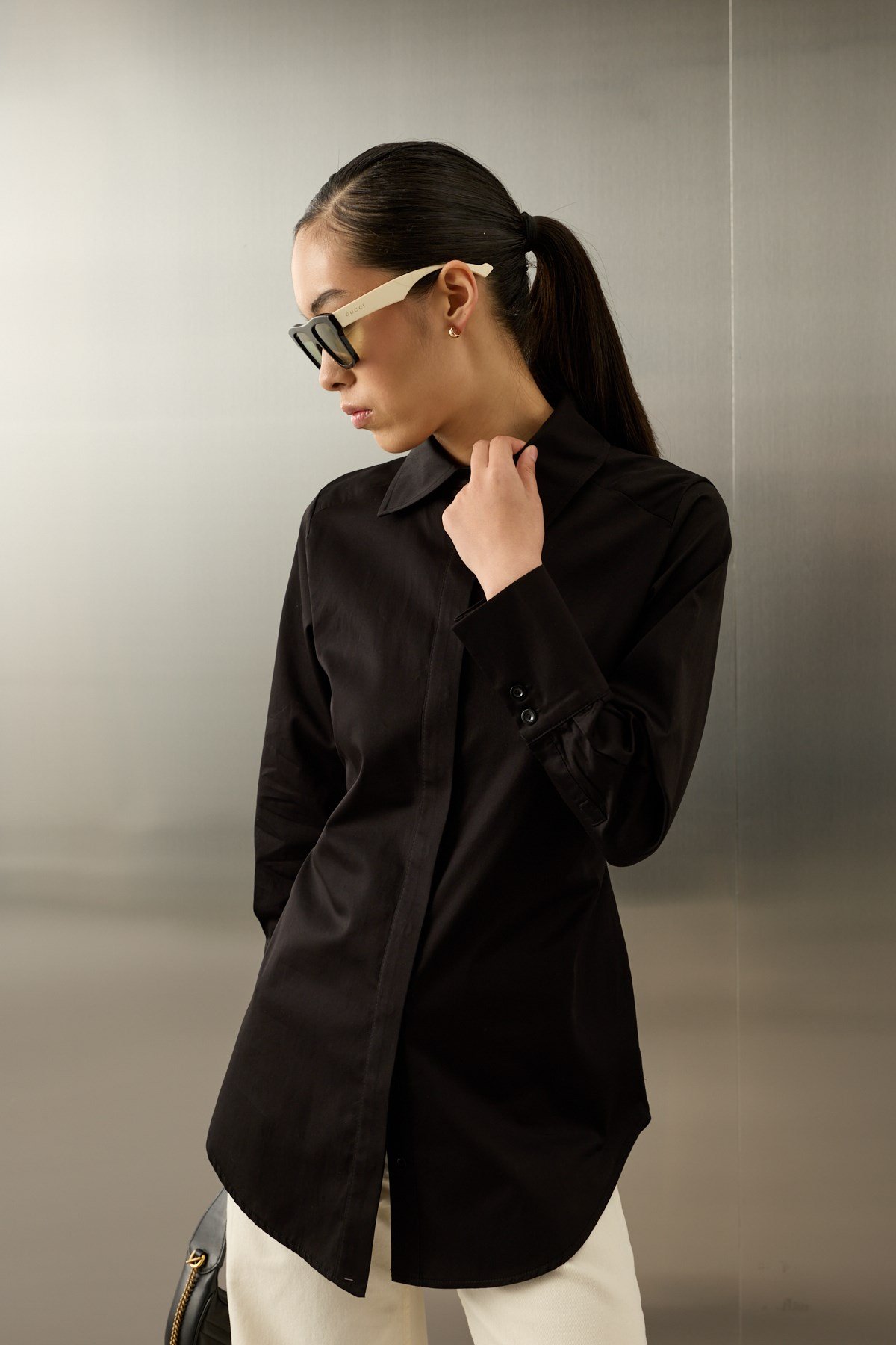 Basic Pamuklu Düğmeli Bağlamalı Gömlek SİYAH