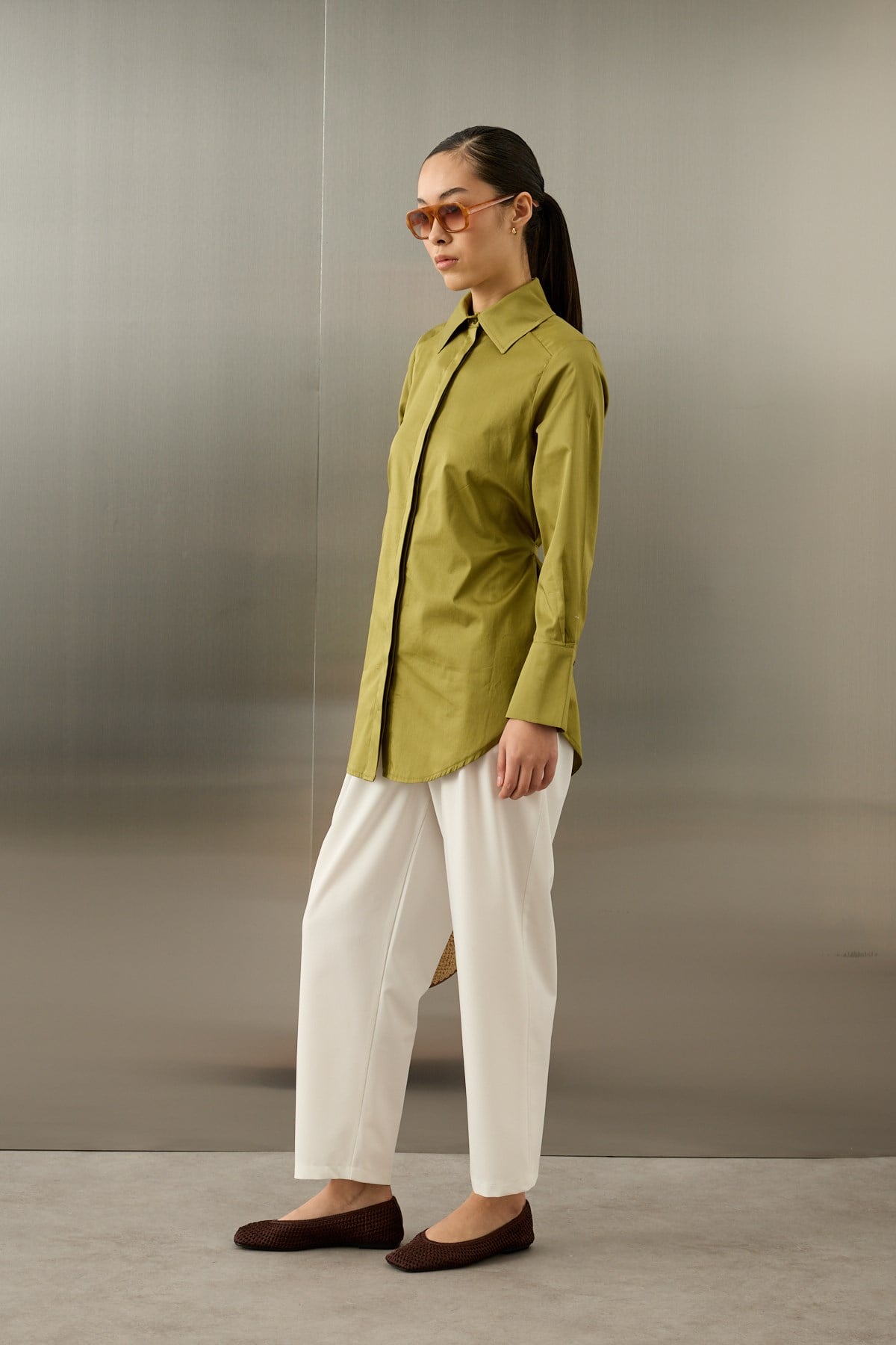 Basic Pamuklu Düğmeli Bağlamalı Gömlek YEŞİL