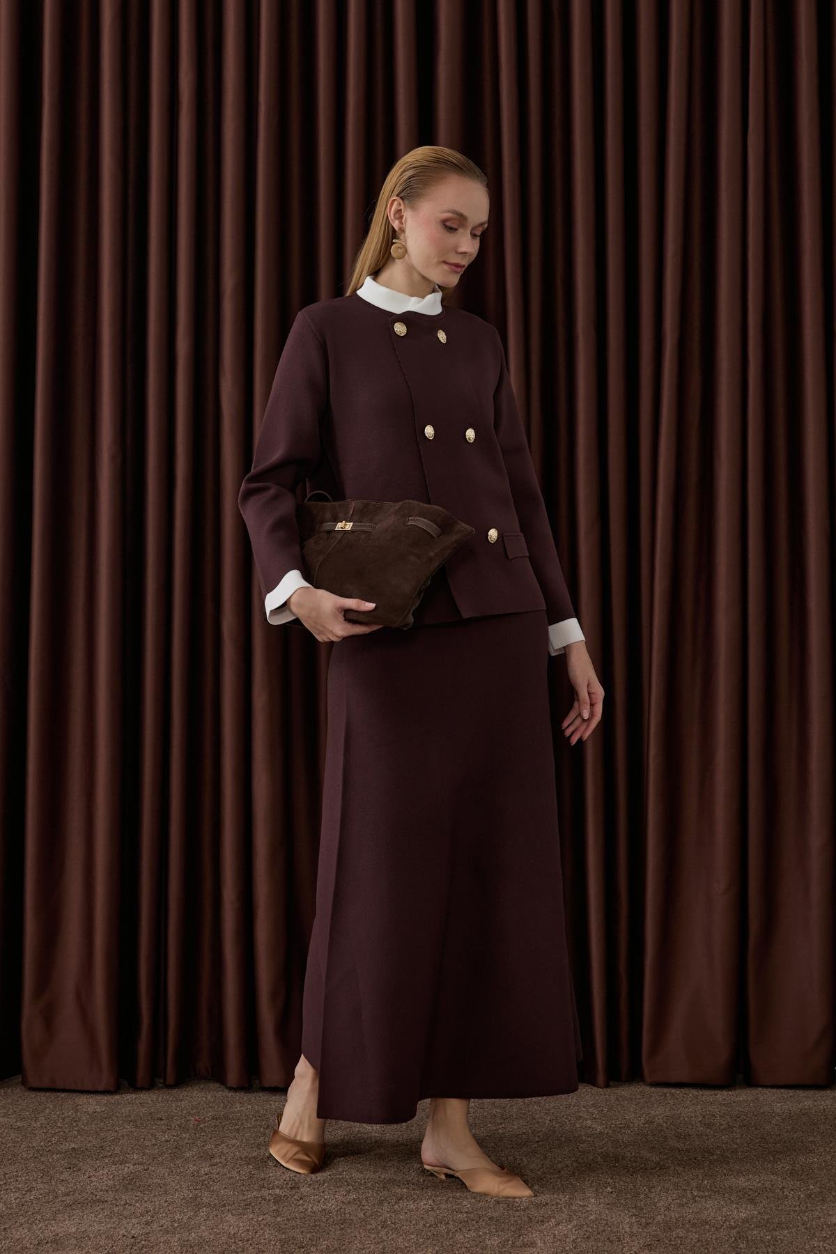 Crystal Çift Renk Kruvaze Triko Etekli Takım KAHVERENGİ