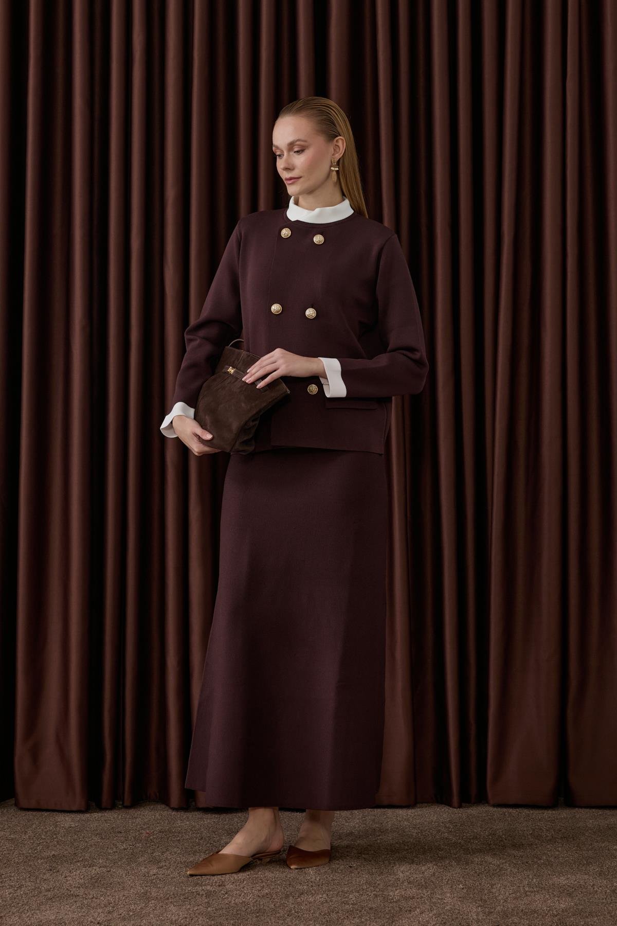 Crystal Çift Renk Kruvaze Triko Etekli Takım KAHVERENGİ