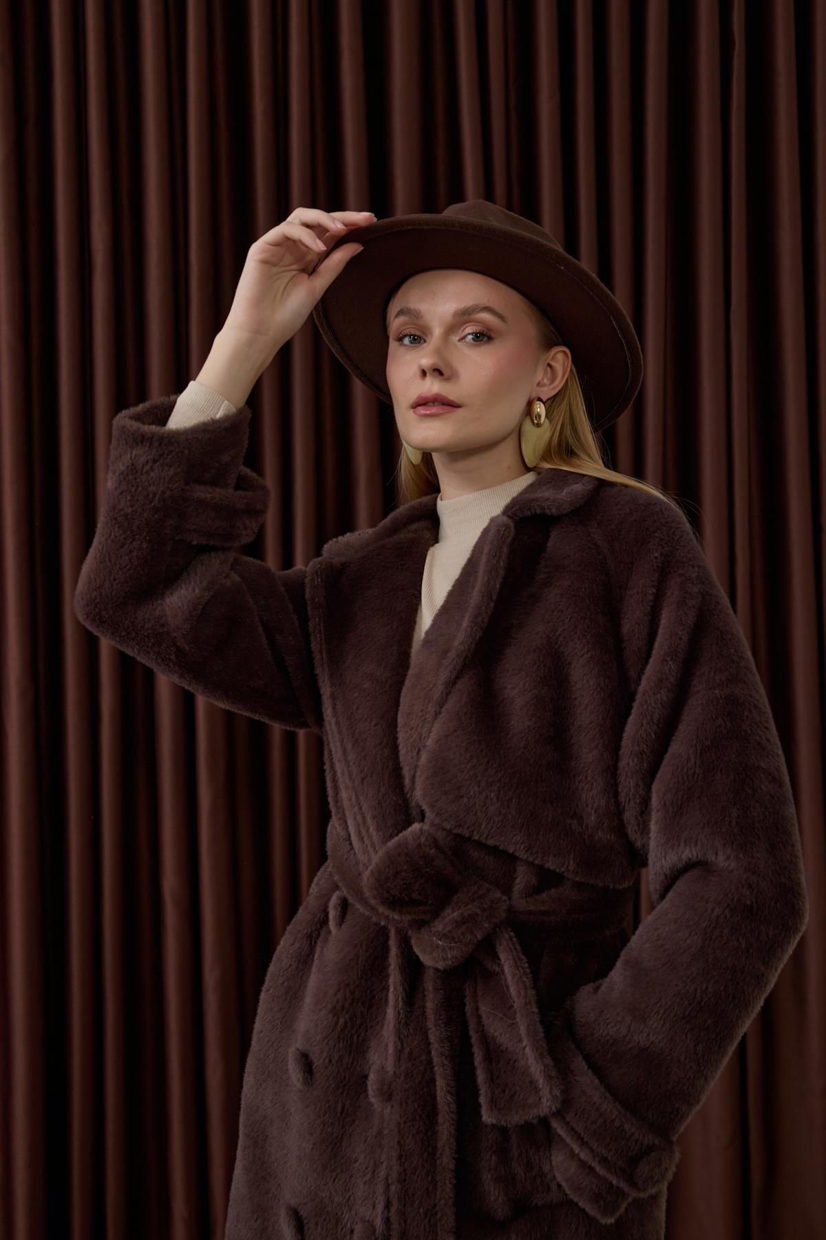 Danish Düğmeli Kuşaklı Kaban KAHVERENGİ