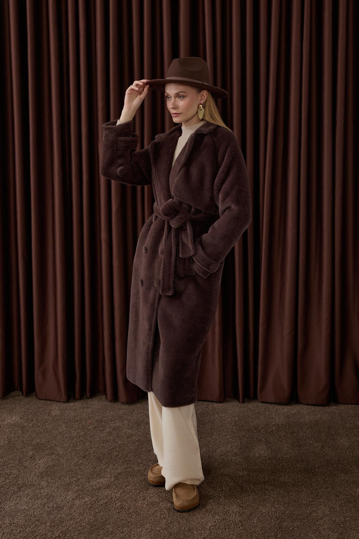 Danish Düğmeli Kuşaklı Kaban KAHVERENGİ