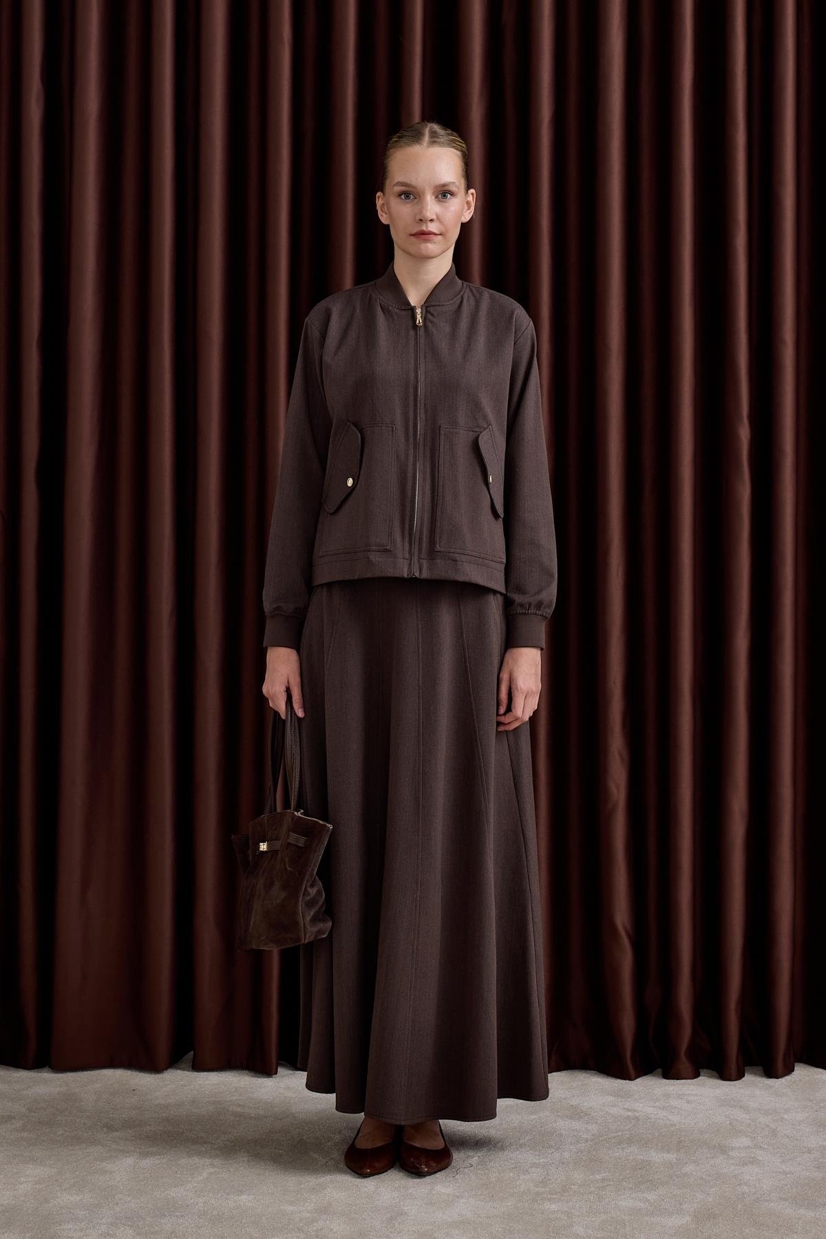 Doha Fermuarlı Ribanalı Etekli Takım KAHVERENGİ