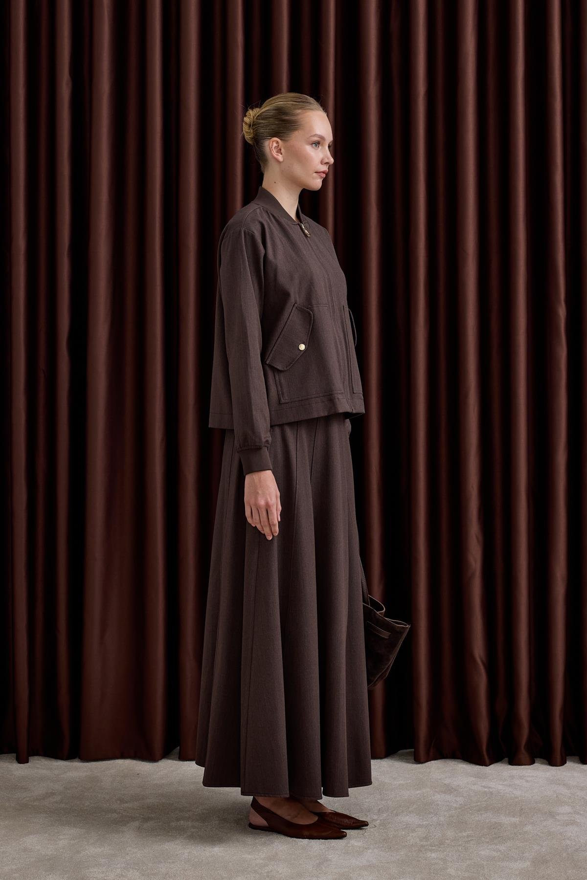 Doha Fermuarlı Ribanalı Etekli Takım KAHVERENGİ