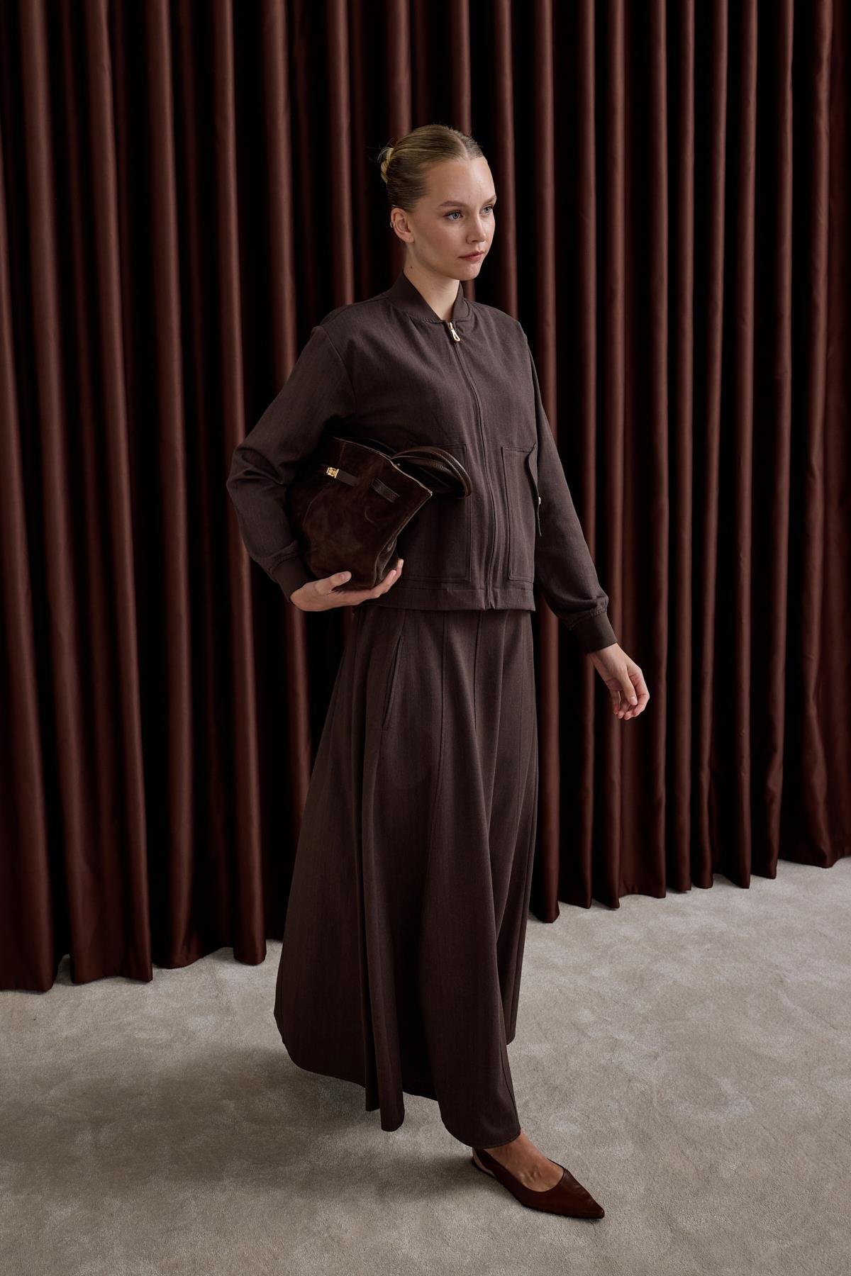 Doha Fermuarlı Ribanalı Etekli Takım KAHVERENGİ