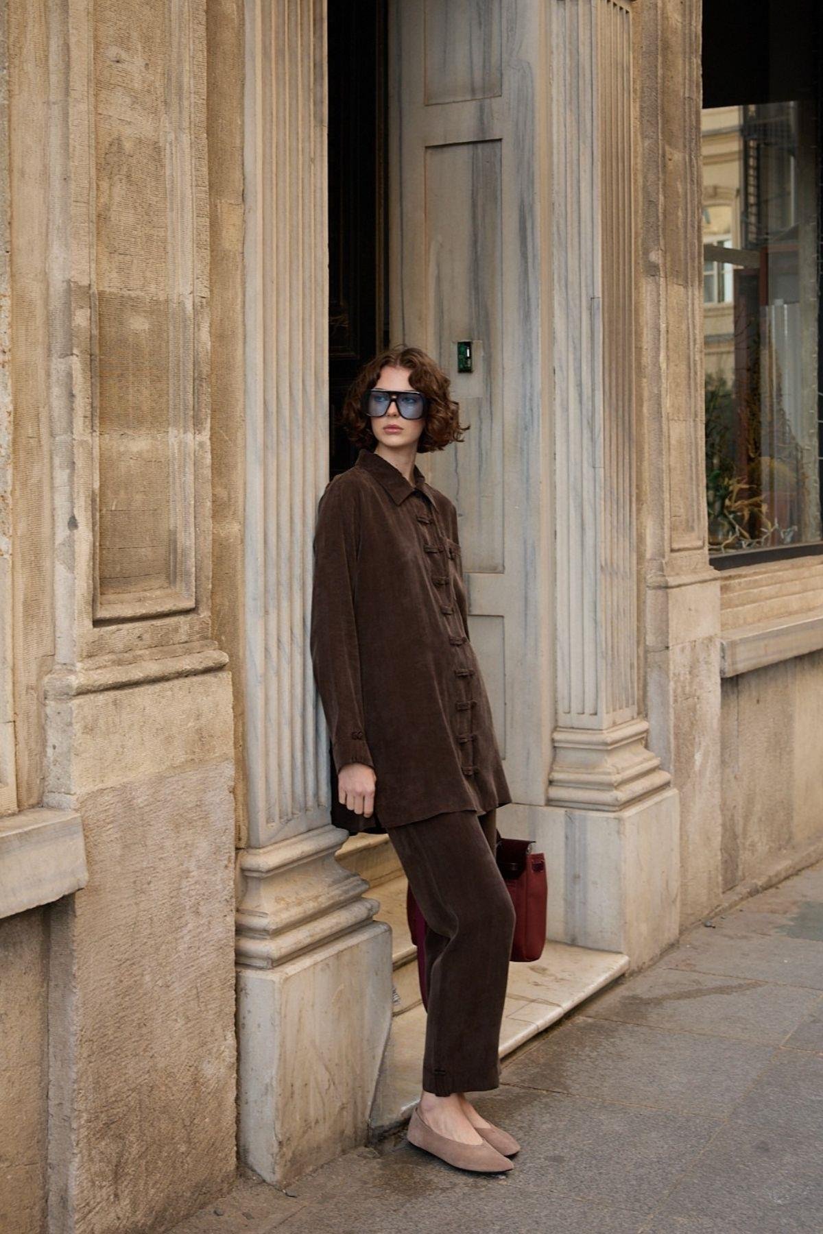 Emosh Britli Düğmeli Pantolonlu Takım KAHVERENGİ