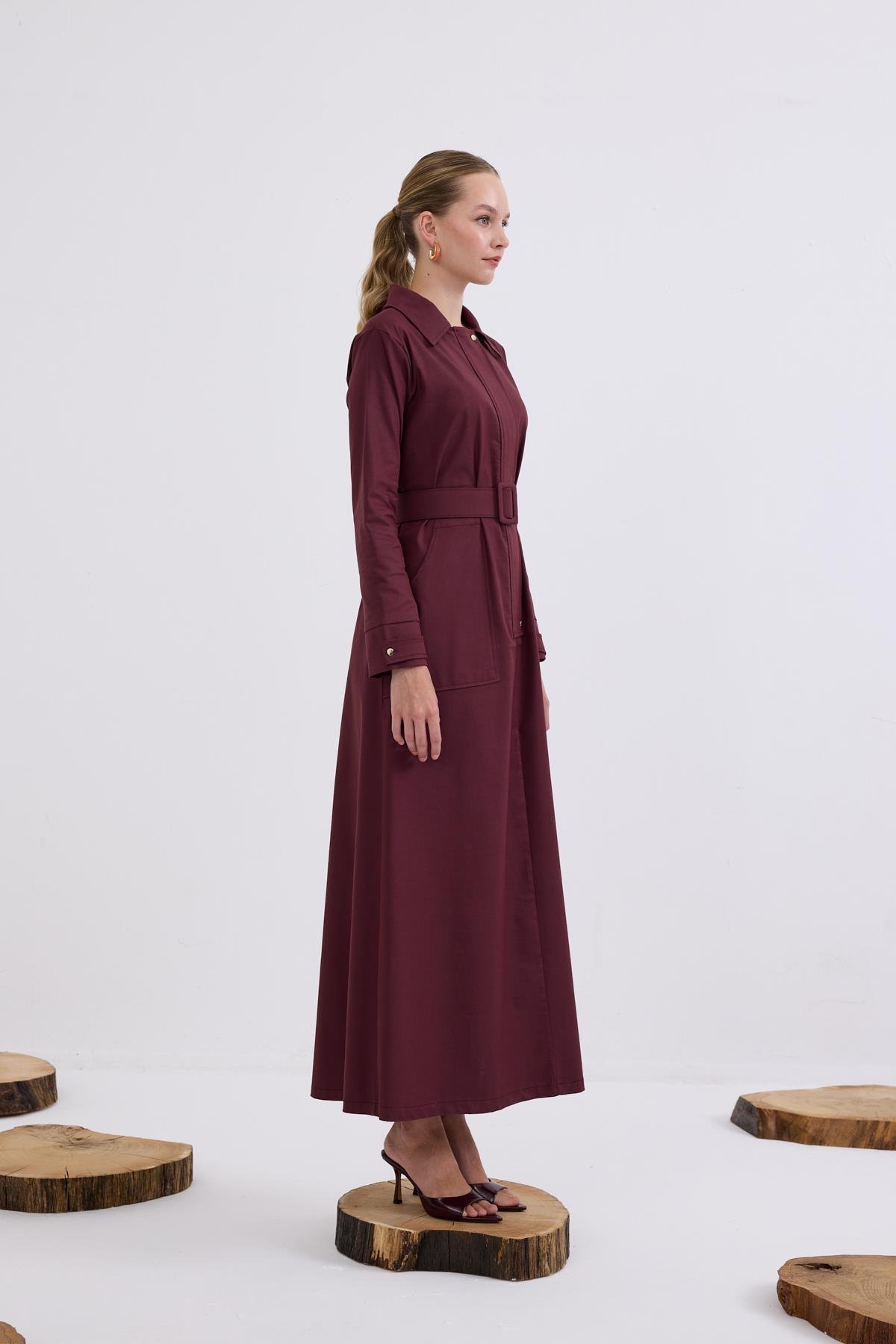 Ketty Fermuarlı Kemerli Elbise MÜRDÜM