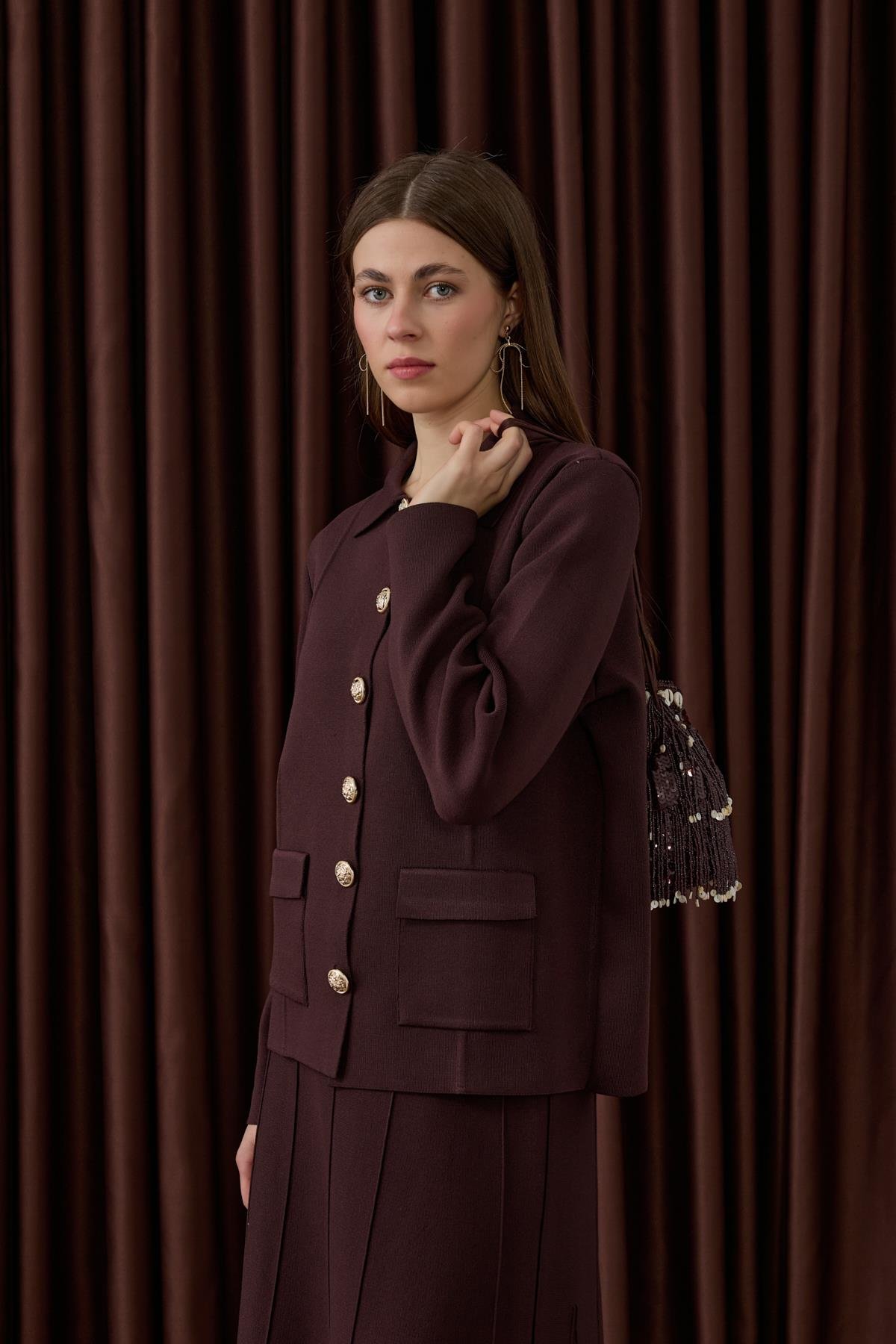 Marin Gold Düğmeli Triko Etekli Takım KAHVERENGİ