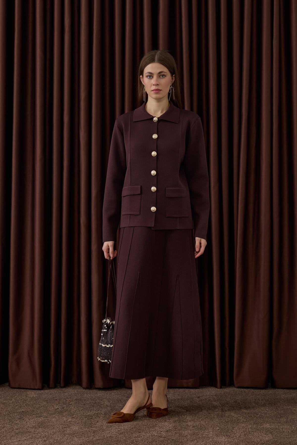 Marin Gold Düğmeli Triko Etekli Takım KAHVERENGİ