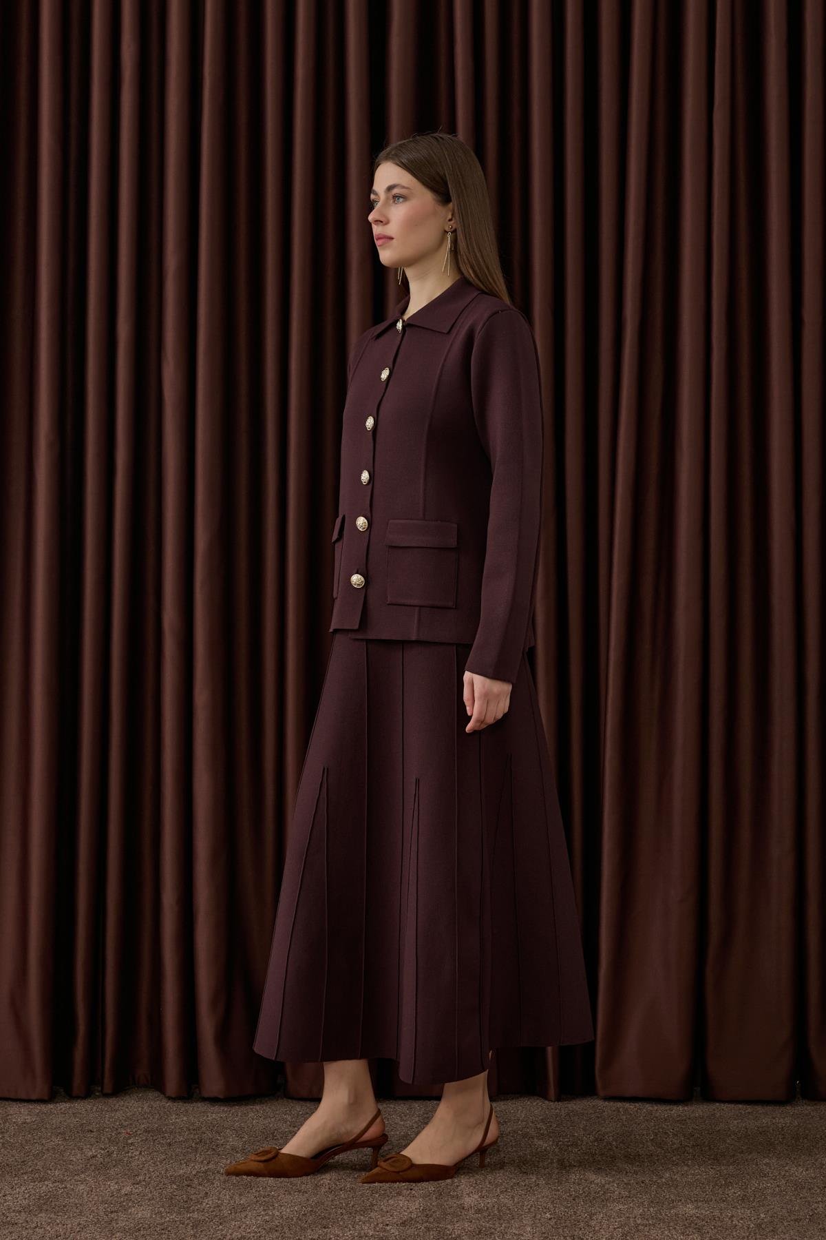 Marin Gold Düğmeli Triko Etekli Takım KAHVERENGİ