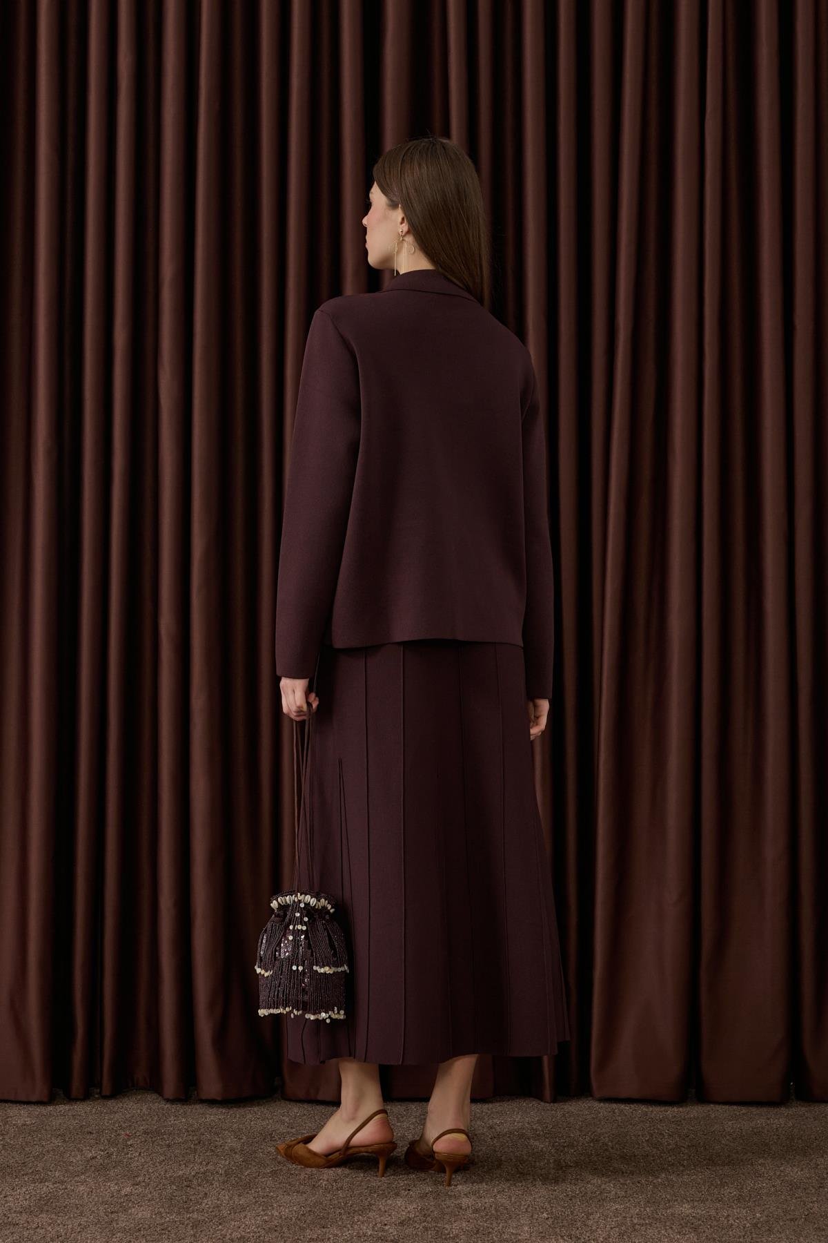 Marin Gold Düğmeli Triko Etekli Takım KAHVERENGİ