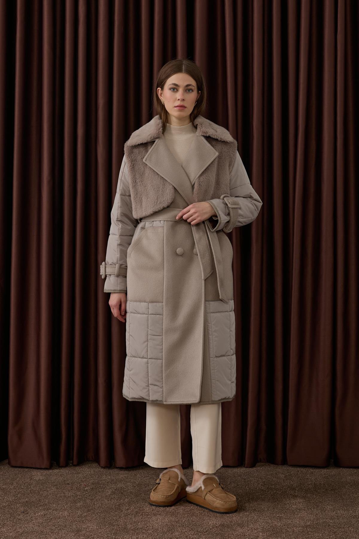 Monze Düğmeli Kürk Garnili Şişme Mont BEJ