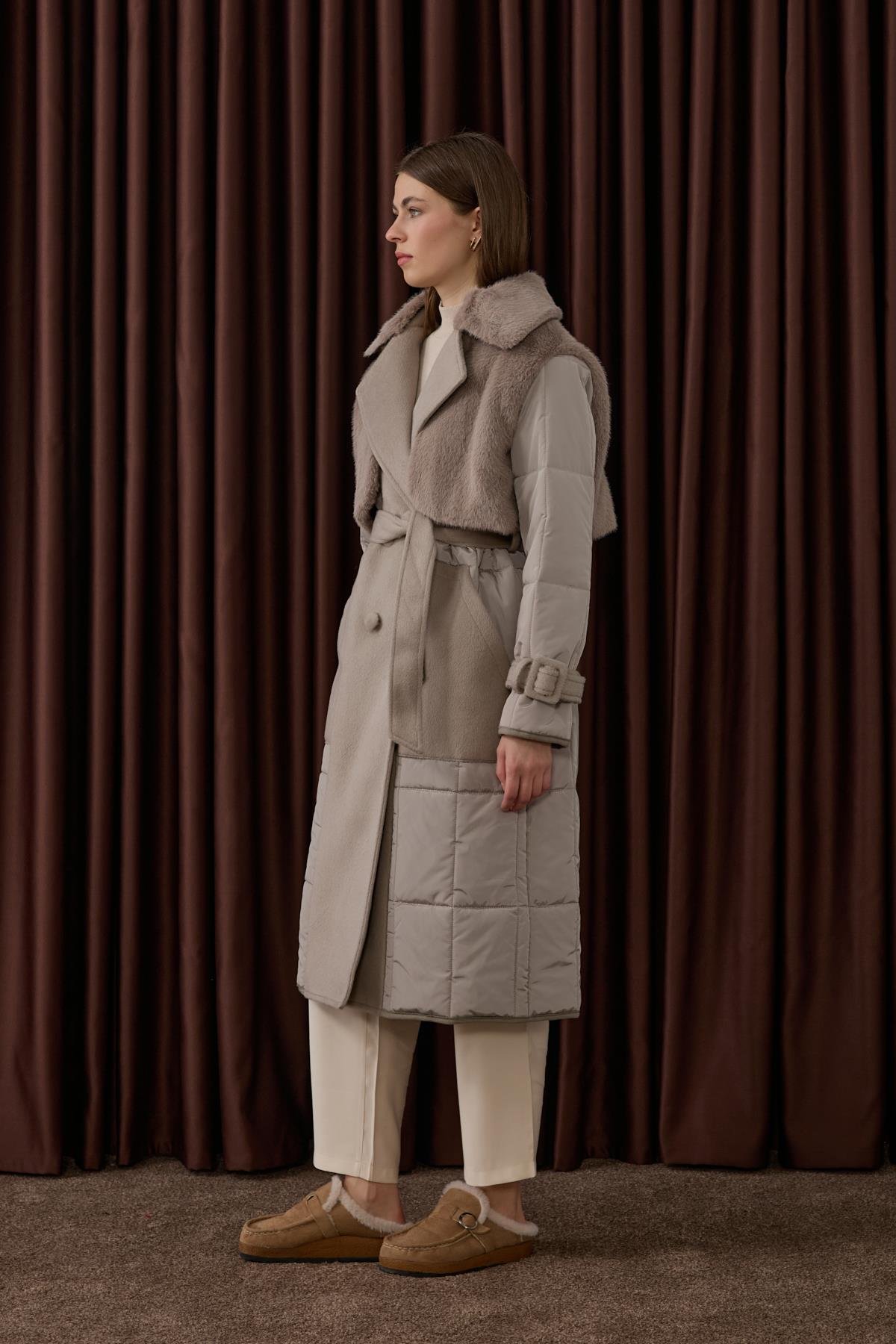 Monze Düğmeli Kürk Garnili Şişme Mont BEJ