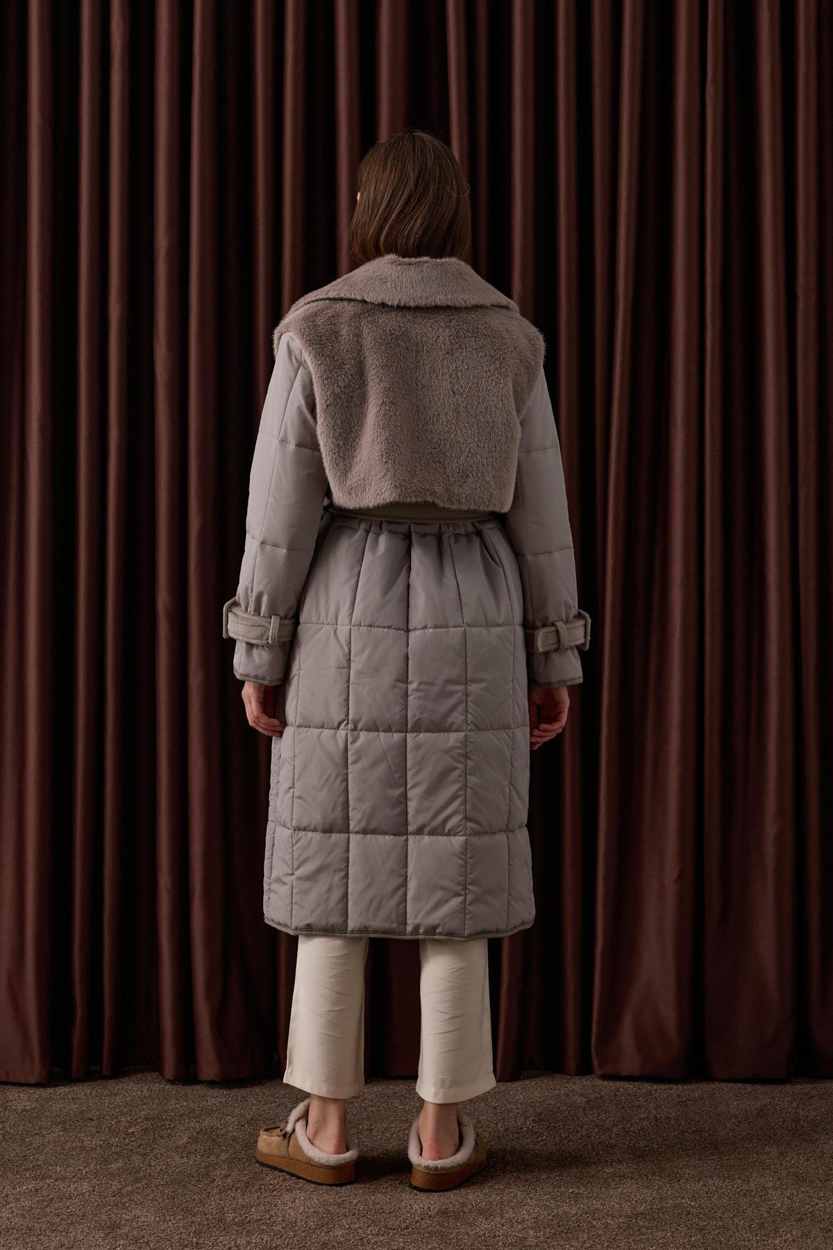 Monze Düğmeli Kürk Garnili Şişme Mont BEJ