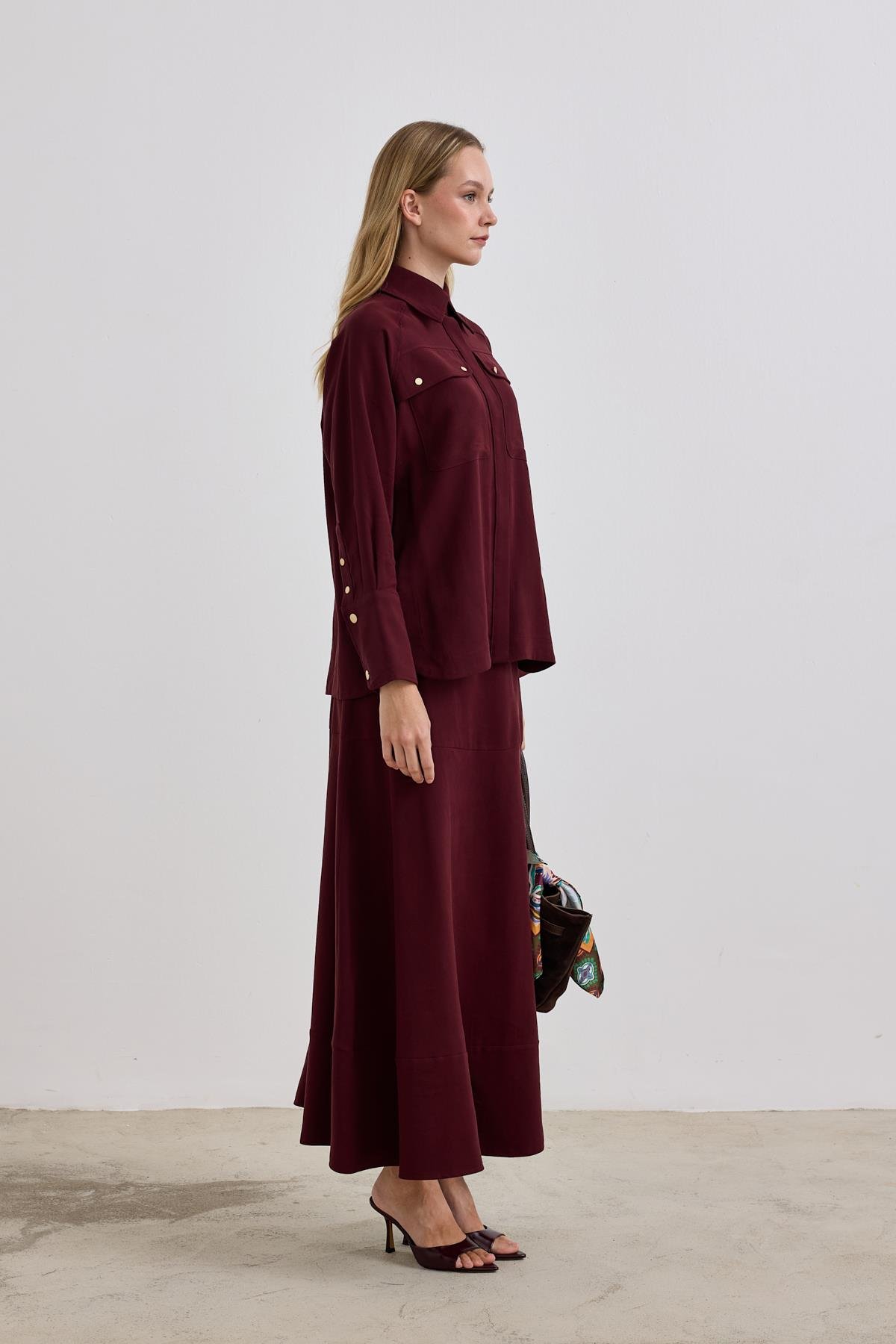 Sara Gold Düğmeli Cepli Etekli Takım MÜRDÜM