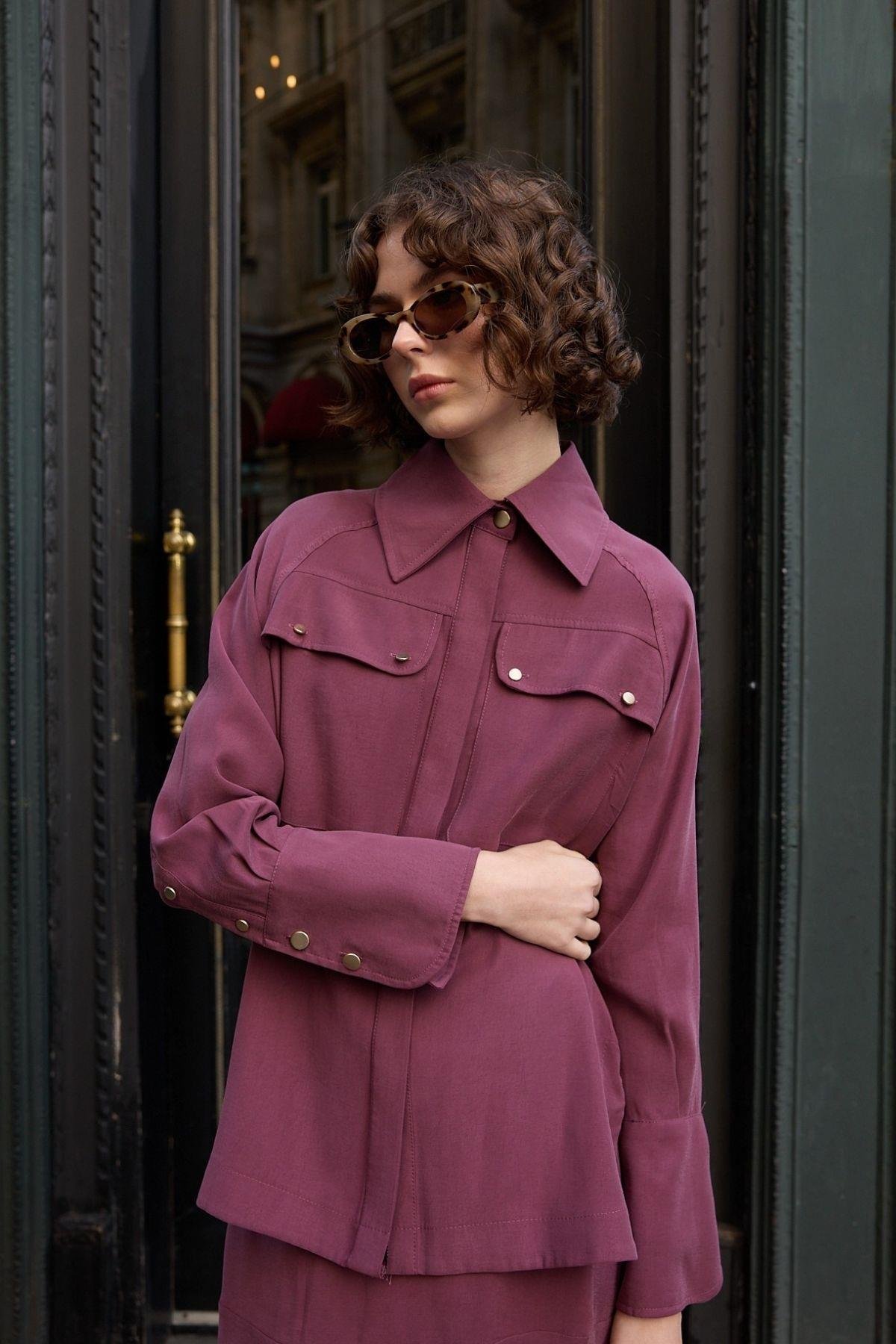 Sara Gold Düğmeli Cepli Etekli Takım MÜRDÜM