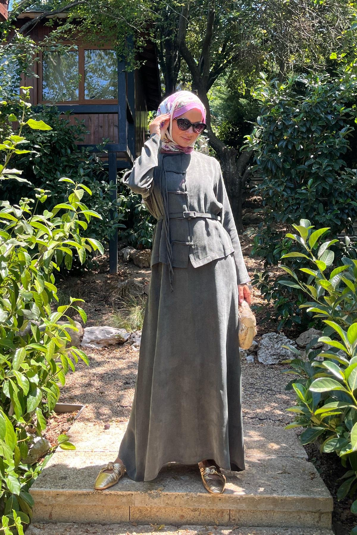 Sofia Sosis Biyeli İçlik Elbiseli Takım HAKİ