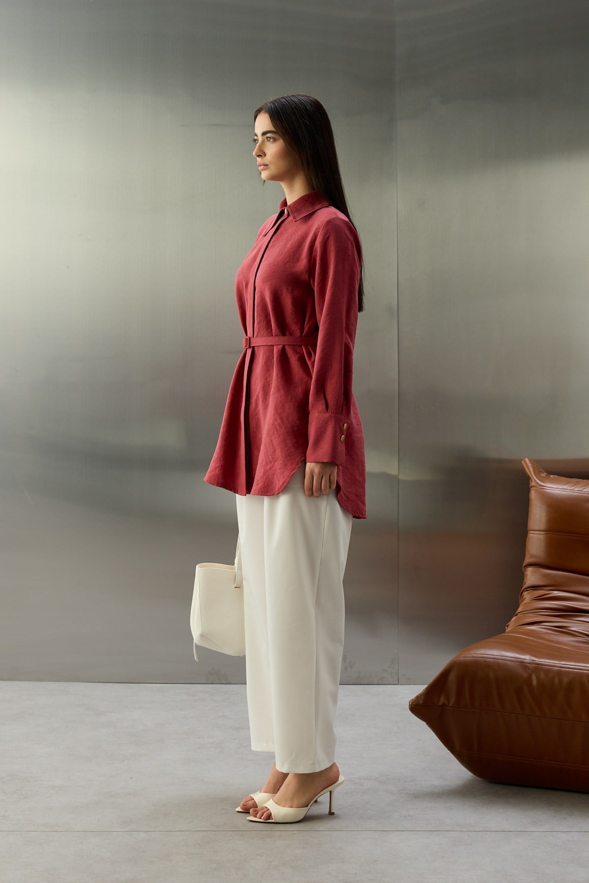 Tencel Jakarlı Düğmeli Basic Gömlek BORDO