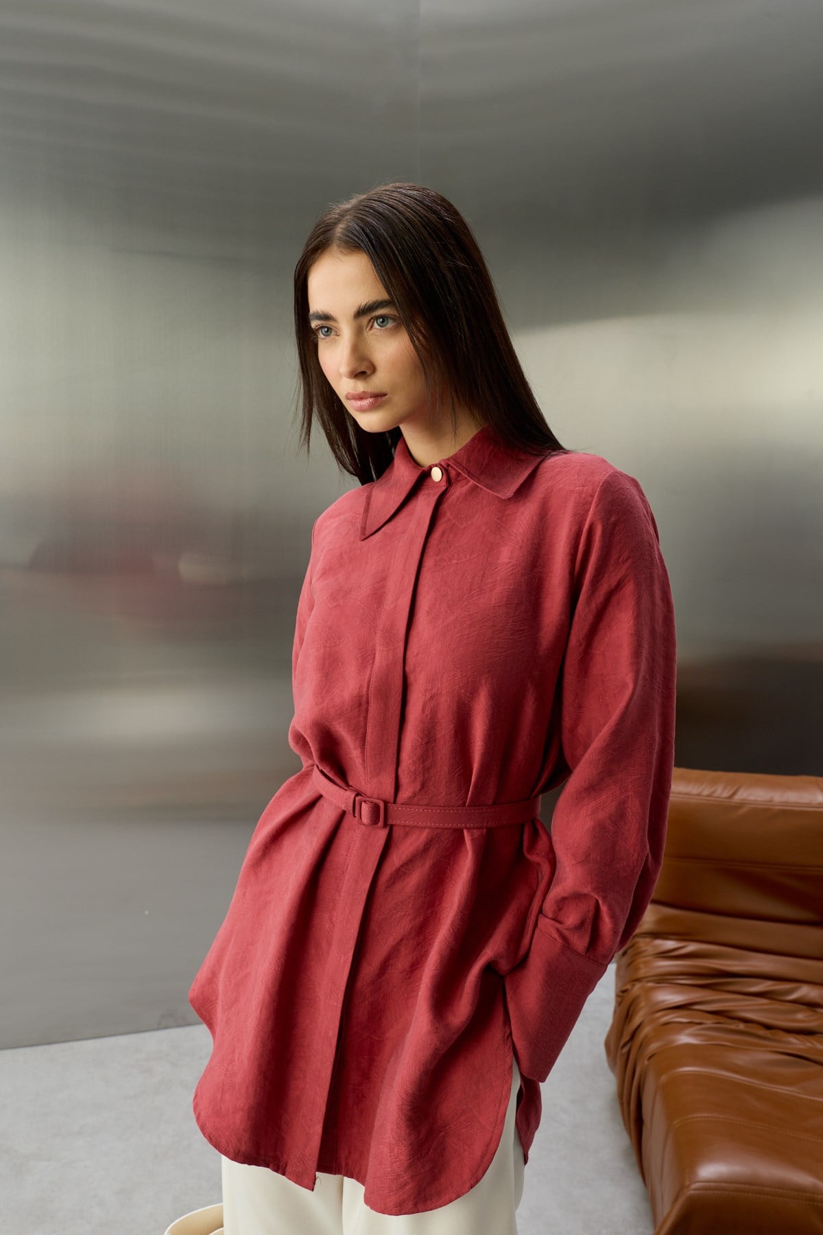Tencel Jakarlı Düğmeli Basic Gömlek BORDO