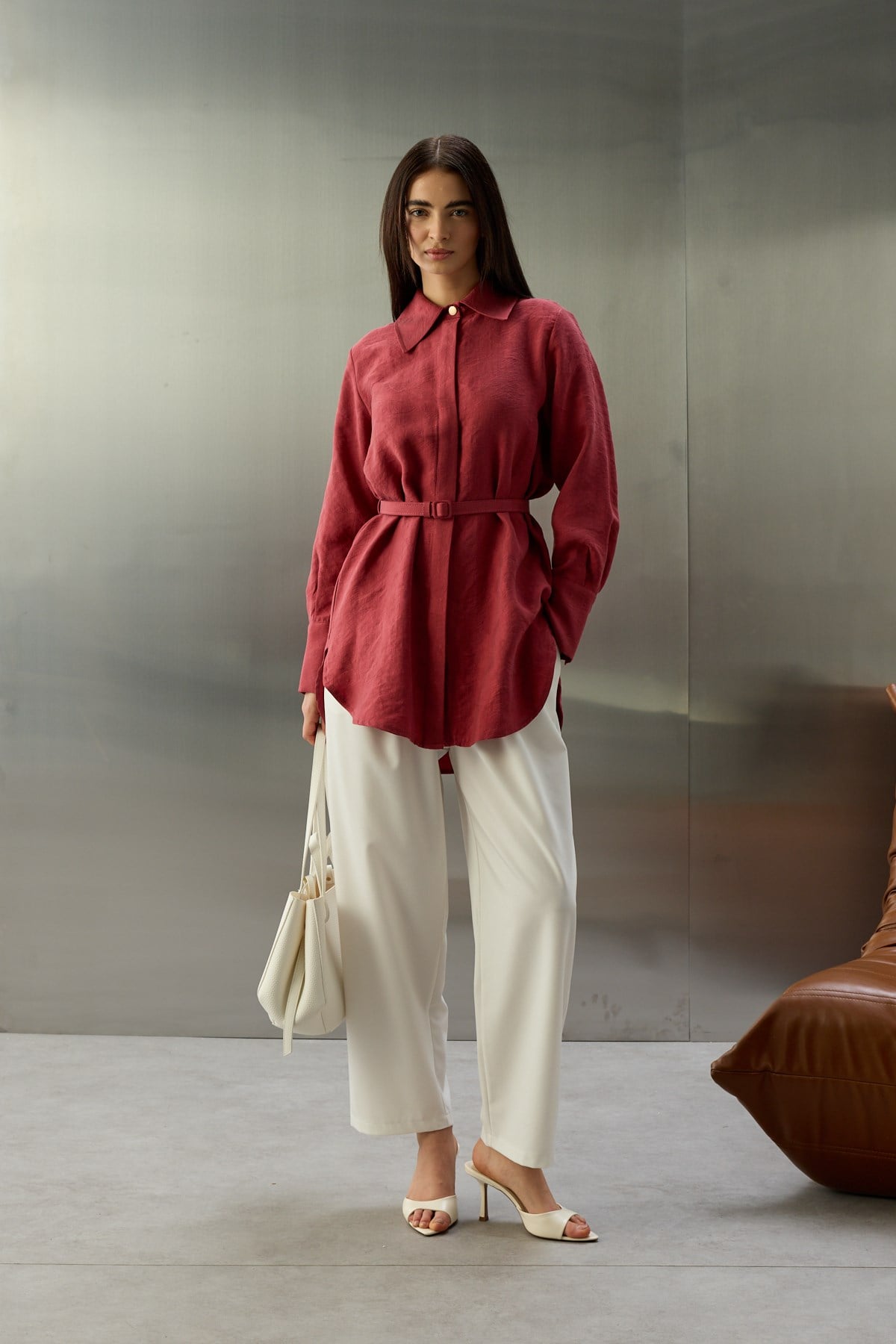 Tencel Jakarlı Düğmeli Basic Gömlek BORDO