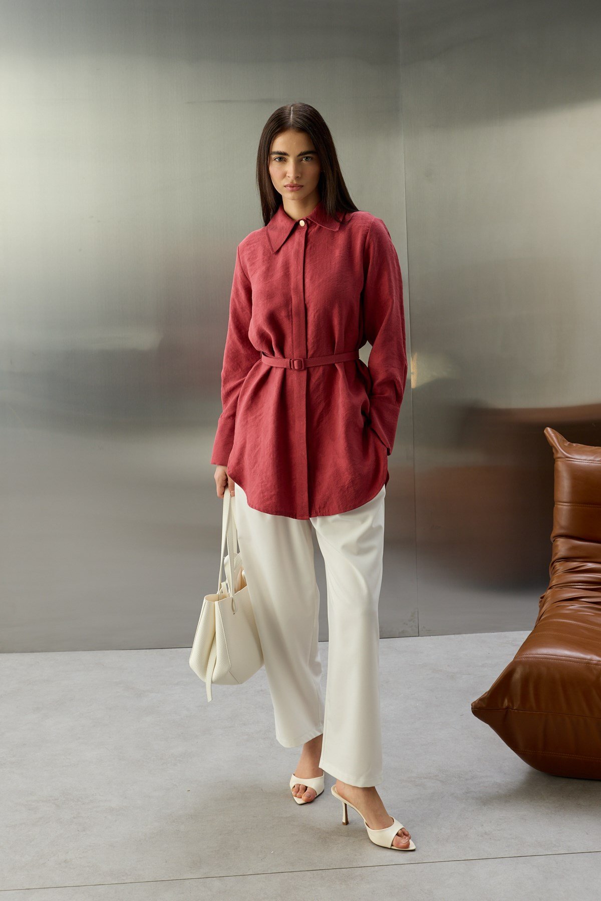 Tencel Jakarlı Düğmeli Basic Gömlek BORDO