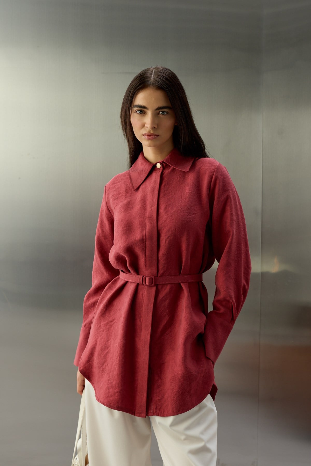 Tencel Jakarlı Düğmeli Basic Gömlek BORDO