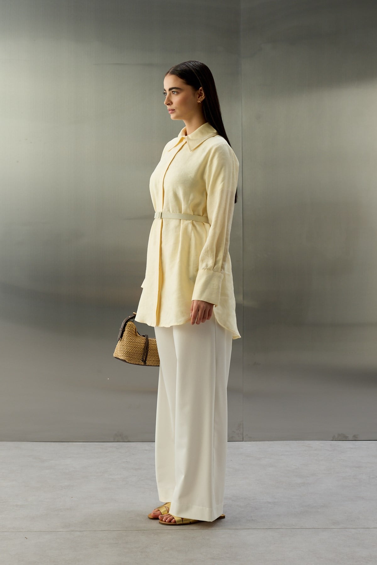 Tencel Jakarlı Düğmeli Basic Gömlek EKRU