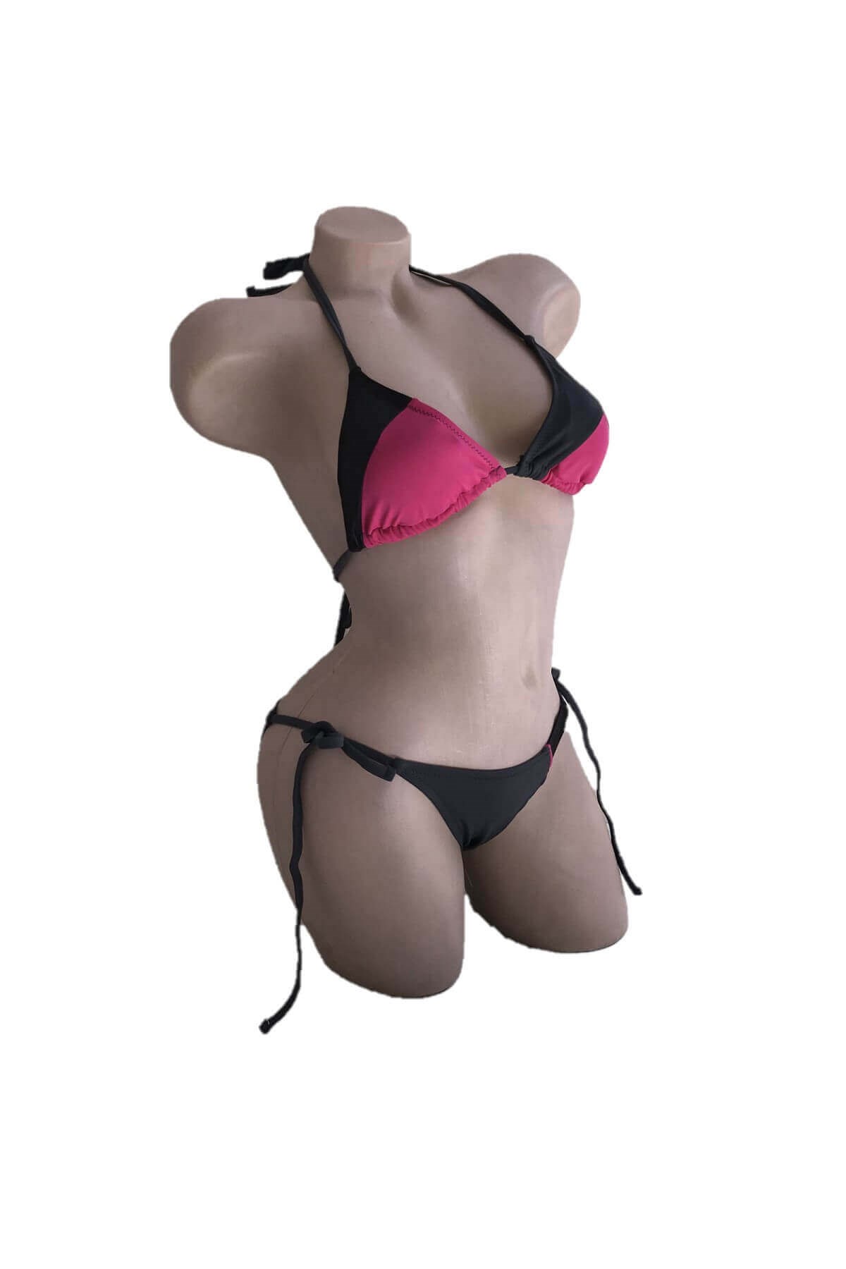 Dagi Boyundan Bağlı Deri Detaylı Fuşya Üçgen Bikini Takımı