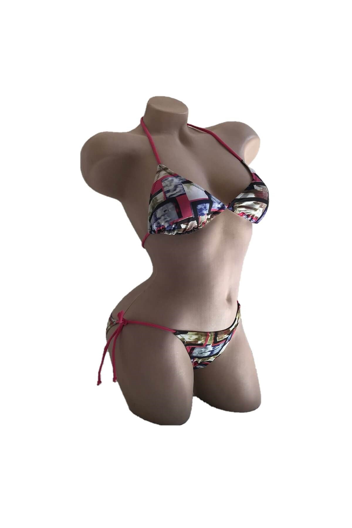 Dagi Desenli Pembe Boyundan Bağlı Üçgen Bikini Takımı