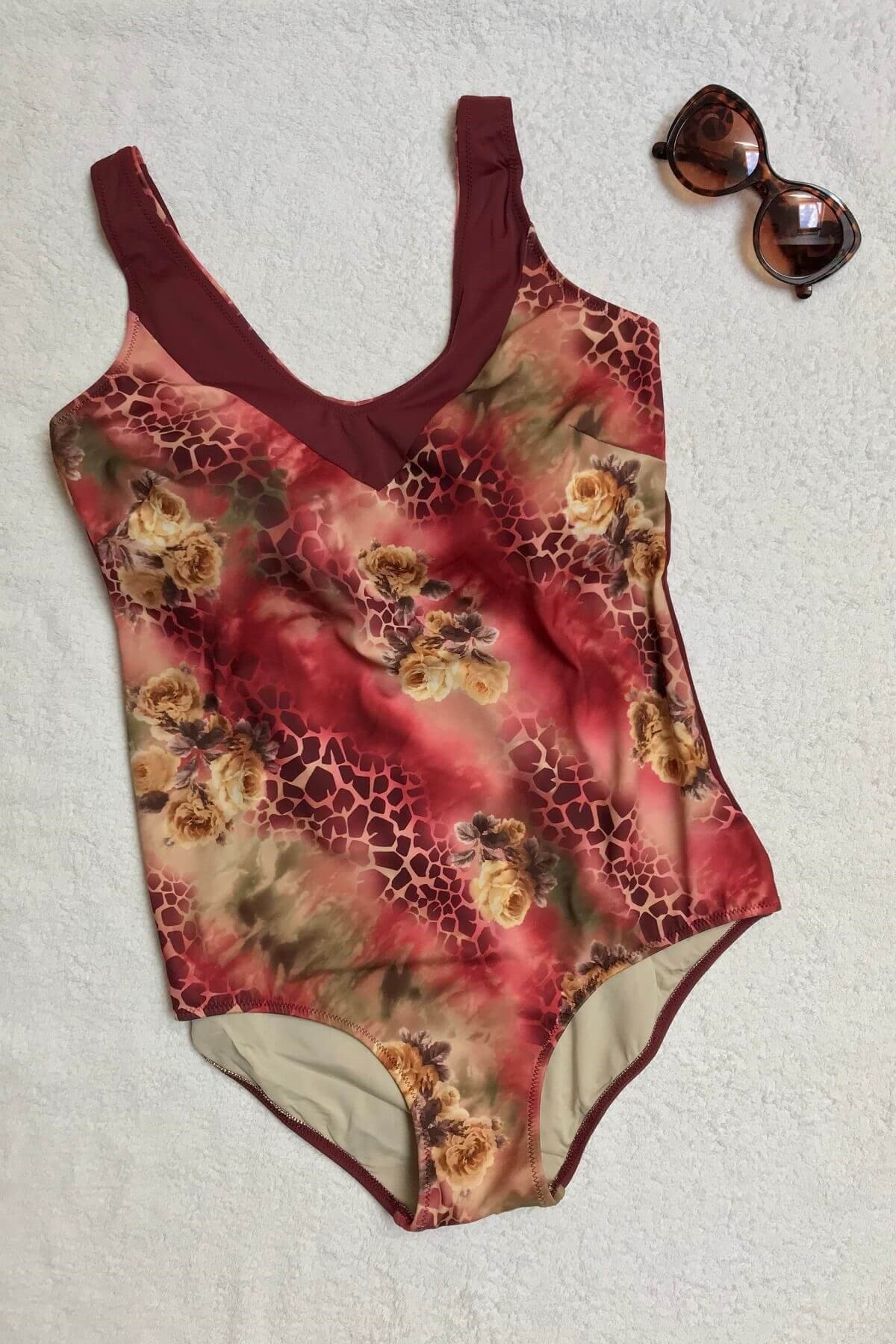 Dagi Kadın V Yaka Toparlayıcı Çiçekli Büyük Beden Bordo Mayo