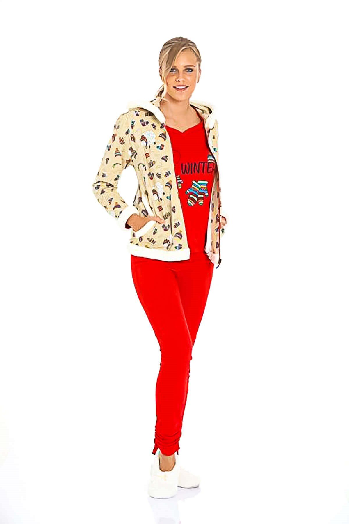 Limissi Kadın 3'lü Set Kışlık Pijama Takımı Bej Kırmızı