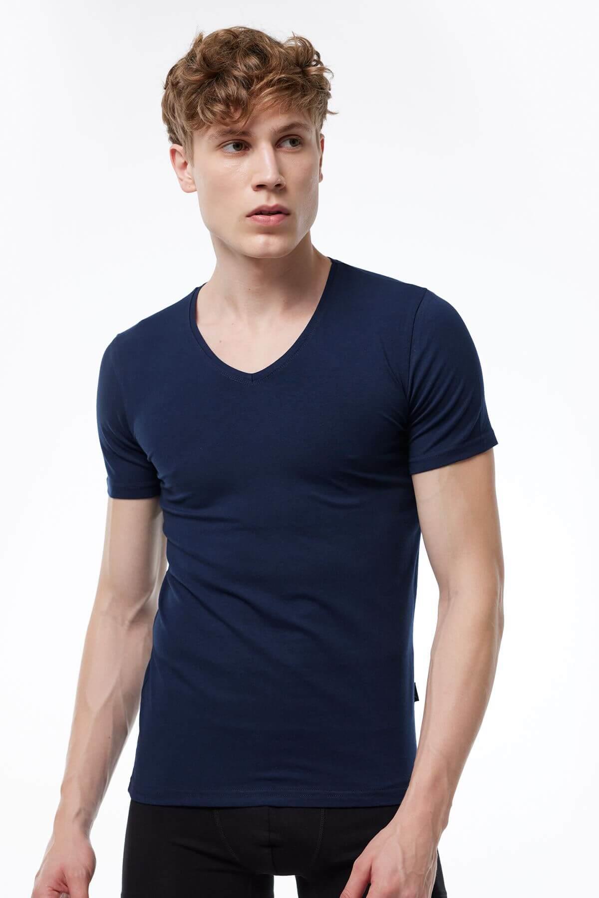 Malabadi 032 Erkek Modal V Yaka Kısa Kol Body & Likralı T-Shirt