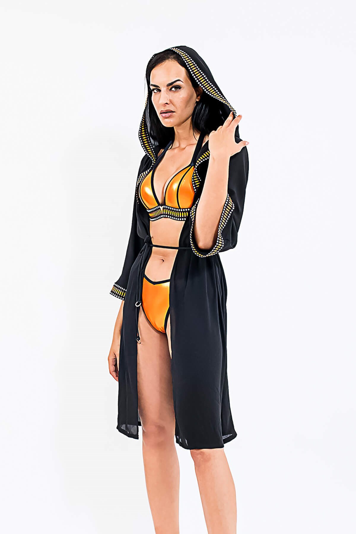 MED Kapüşonlu Plaj Pareo Kimono Siyah