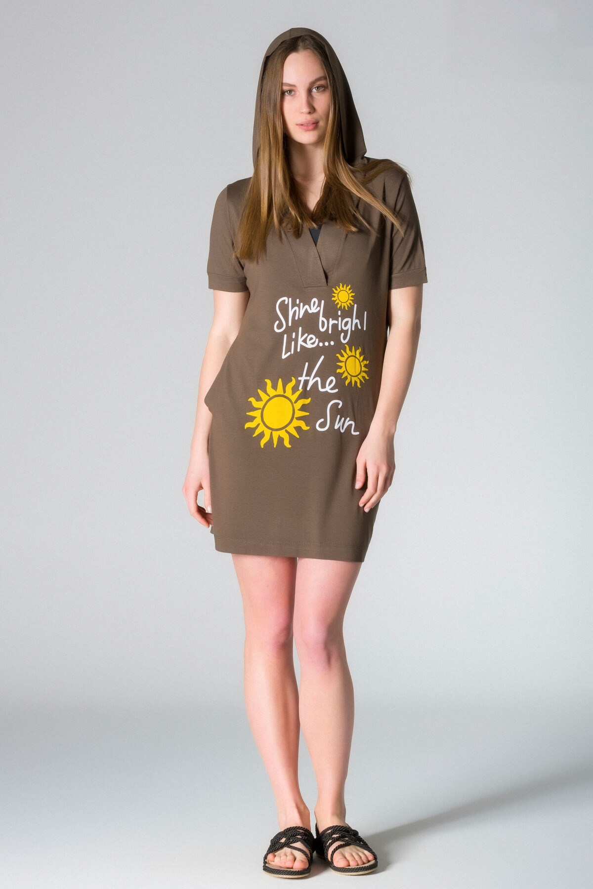 My Sea E-04 Kadın Yazlık Kapşonlu Kısa Kollu Viskoz Cepli Elbise