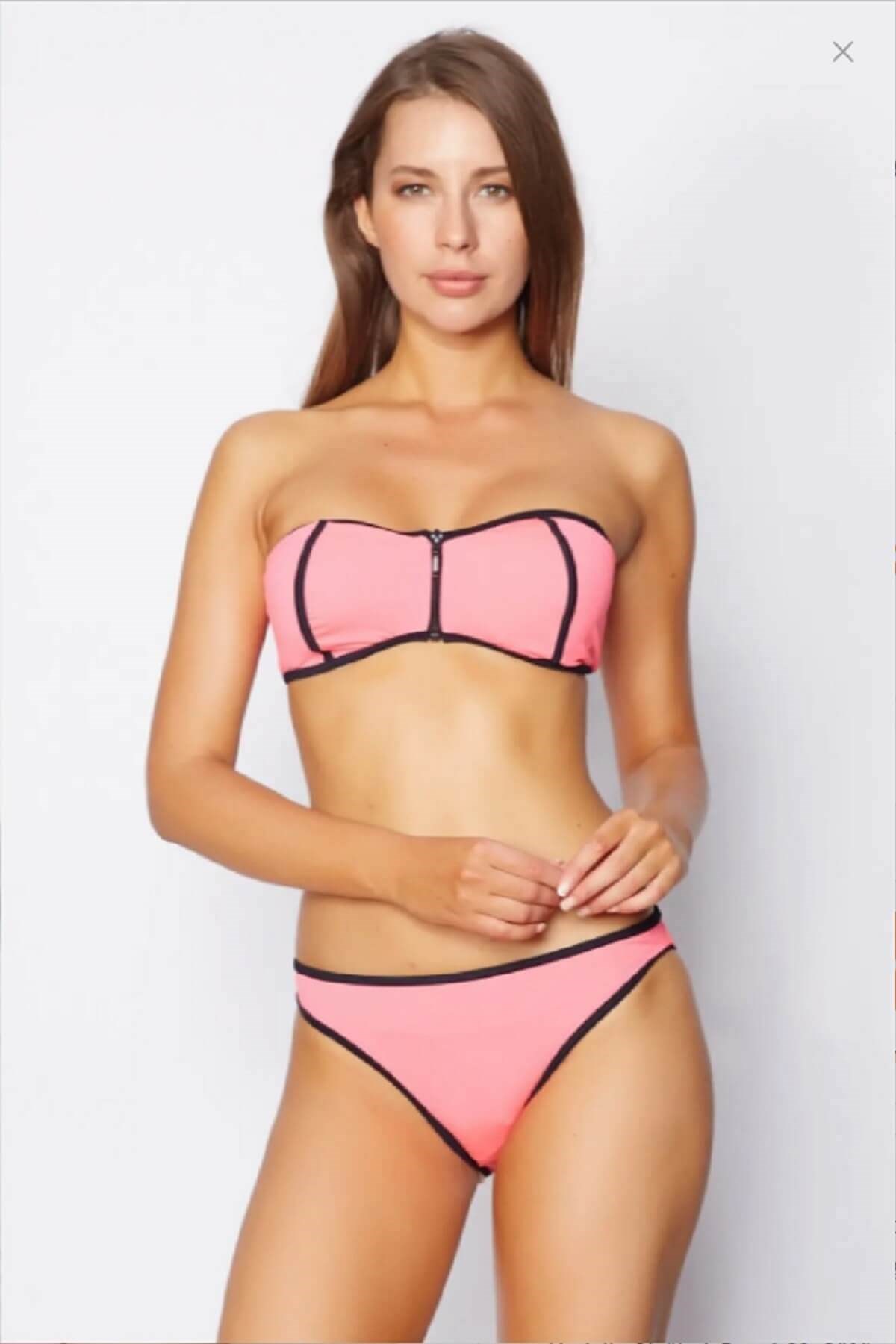 No Gossip Önü Fermuarlı Straplez Pembe Bikini Takımı