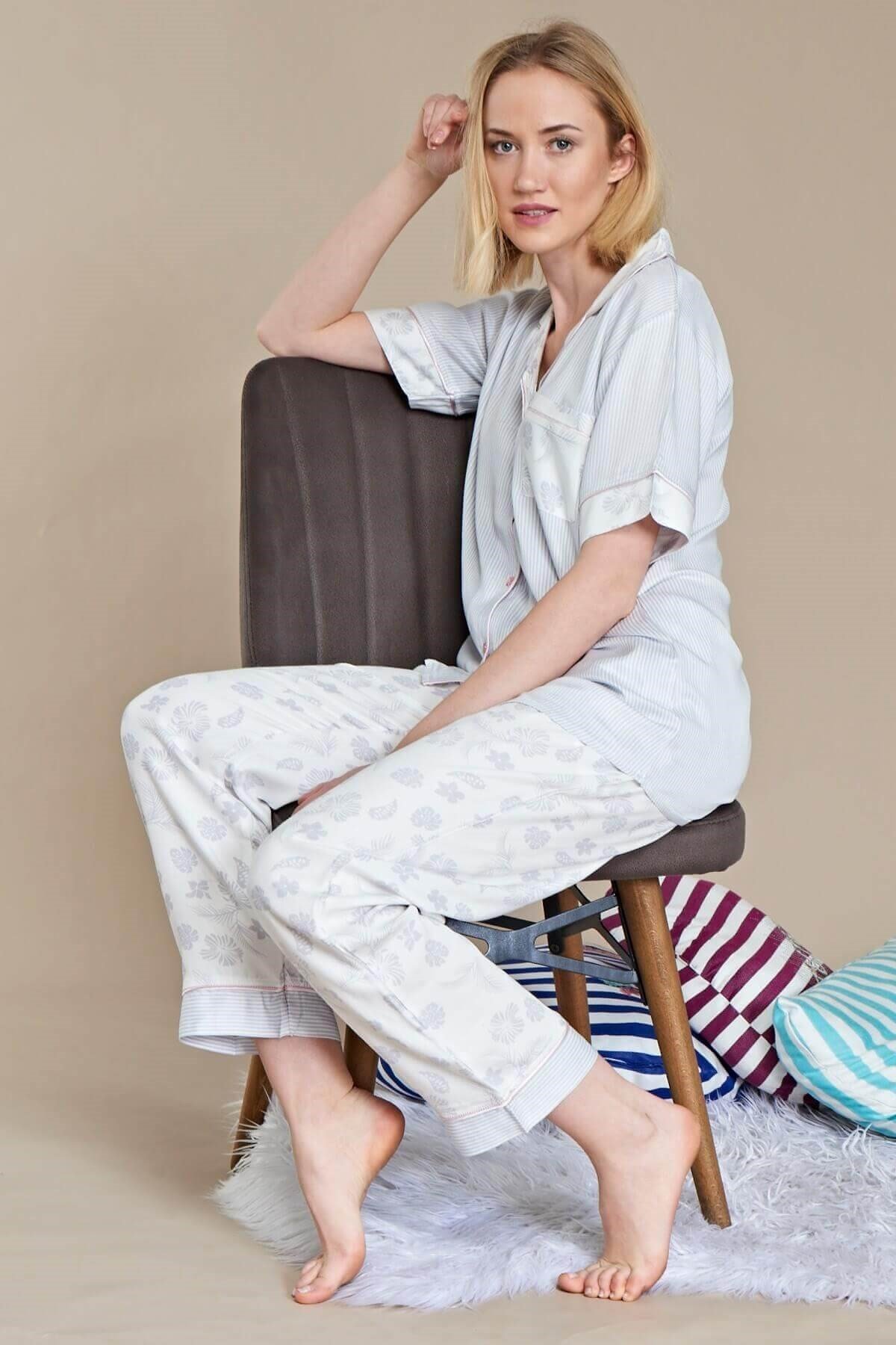 Olivera Kadın %95 Pamuk Önden Düğmeli Kısa Kollu Pijama Takımı Gri